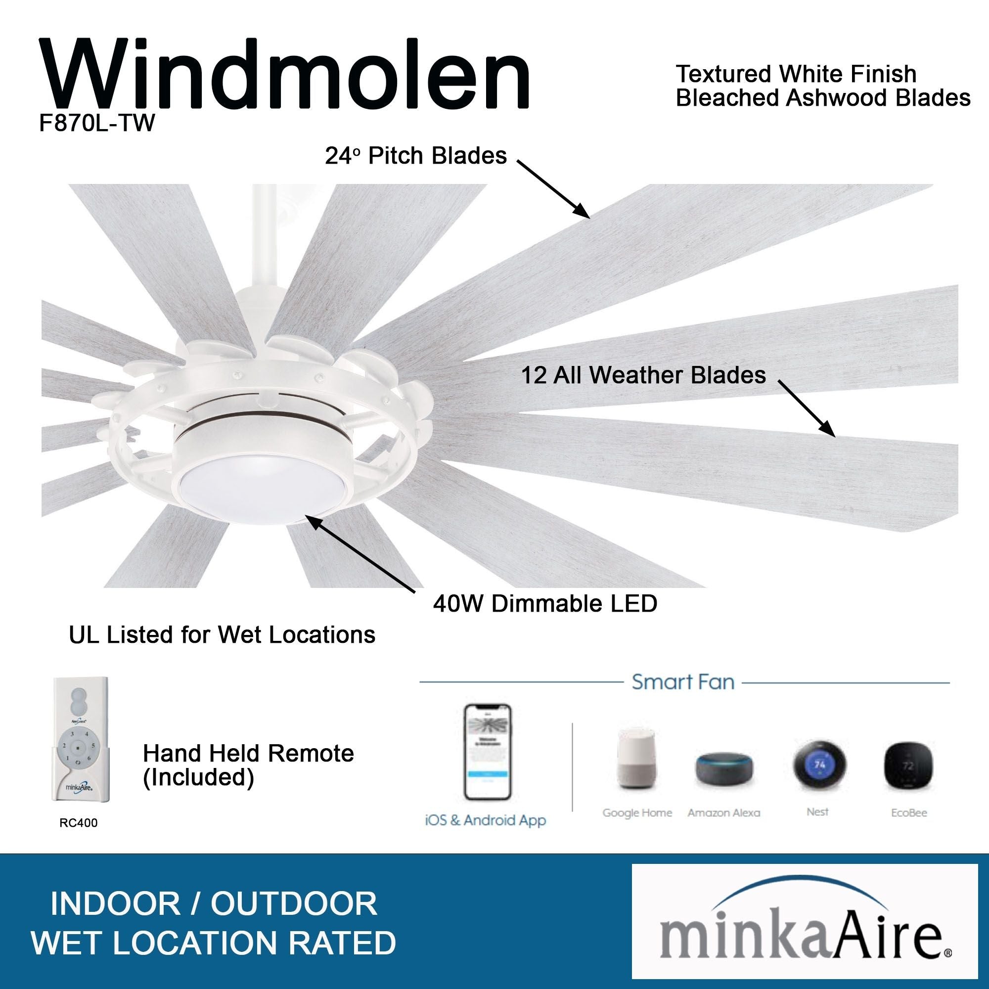 Windmolen LED 65" Wet Rated Smart Ceiling Fan, Textured White