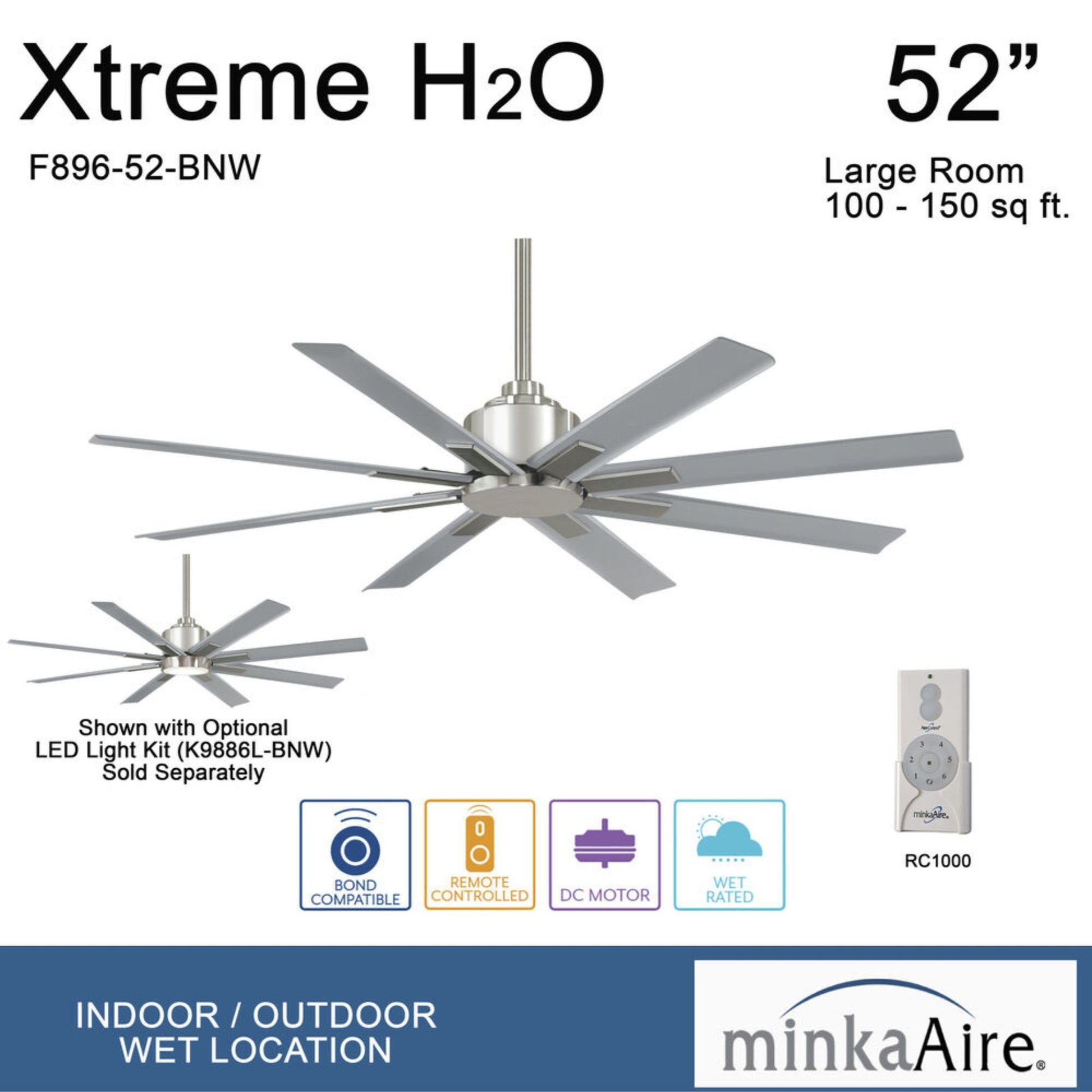Xtreme H2O 52" Windmill Outdoor Ceiling Fan with Remote, Brushed Nickel - Bees Lighting