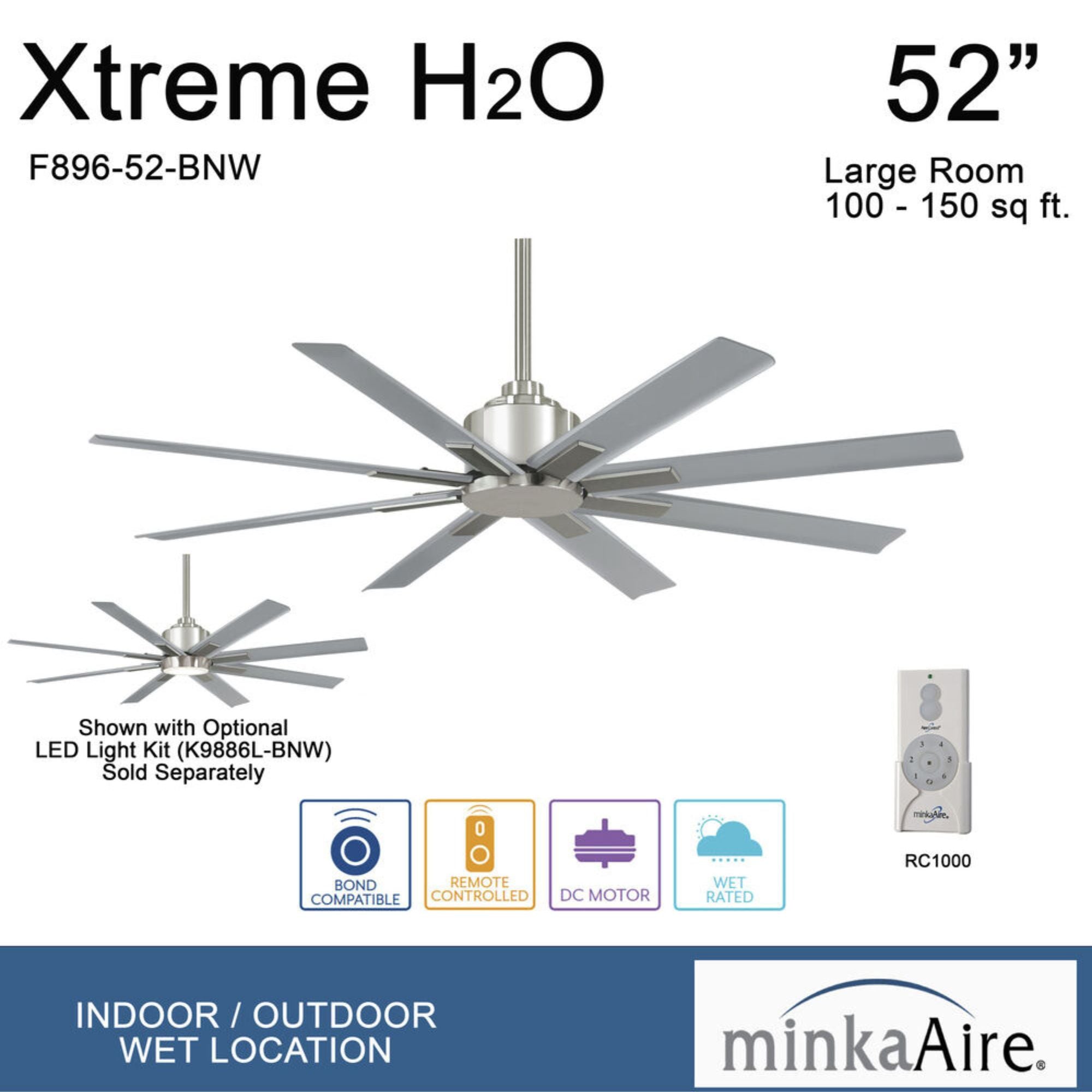 Xtreme H2O 52" Windmill Outdoor Ceiling Fan with Remote, Brushed Nickel - Bees Lighting