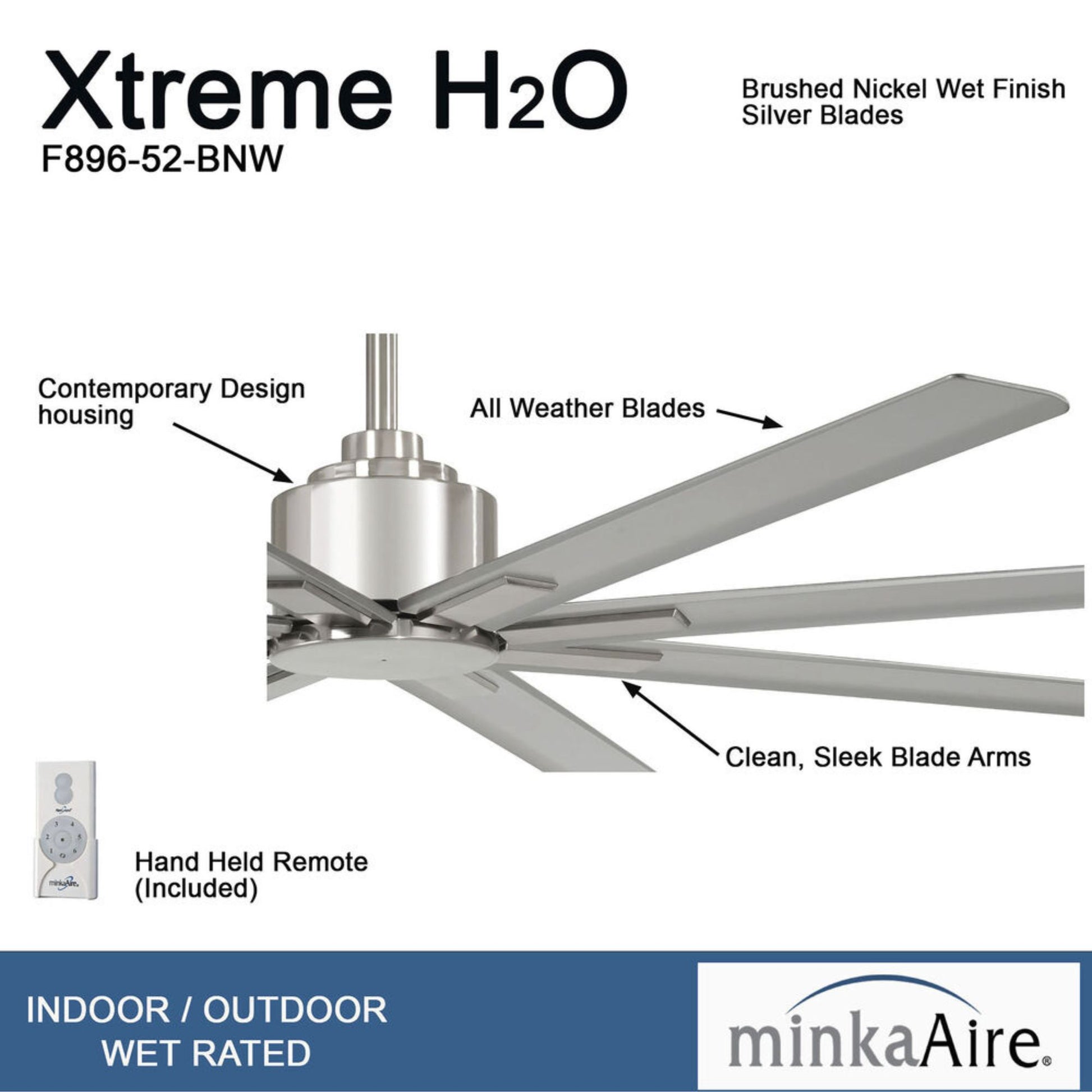 Xtreme H2O 52" Windmill Outdoor Ceiling Fan with Remote, Brushed Nickel - Bees Lighting