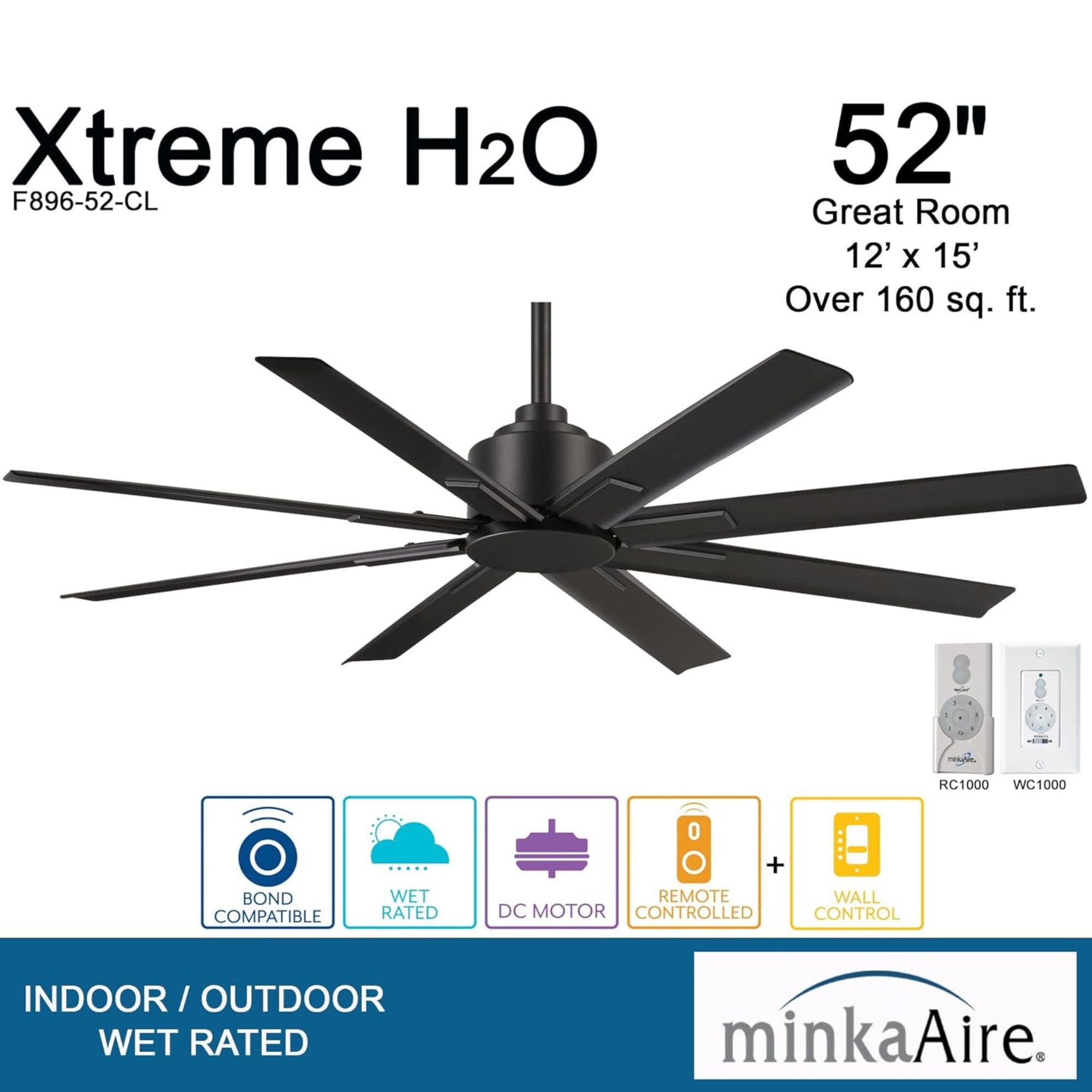 Xtreme H2O 52" Windmill Outdoor Ceiling Fan with Remote, Black Coal - Bees Lighting