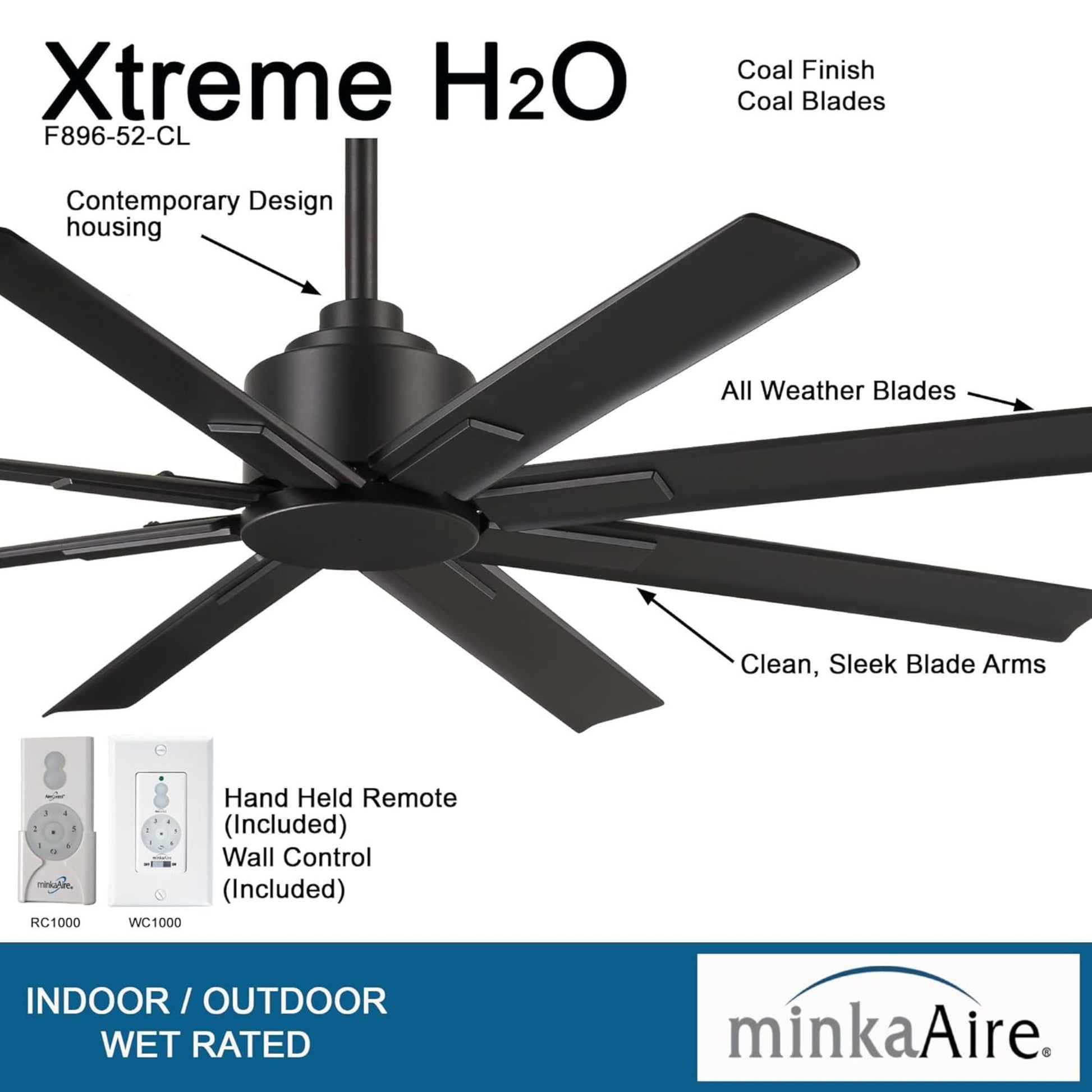 Xtreme H2O 52" Windmill Outdoor Ceiling Fan with Remote, Black Coal - Bees Lighting