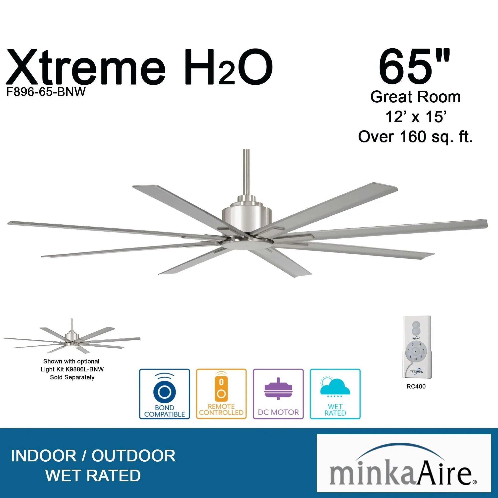 Xtreme H2O 65" Windmill Outdoor Ceiling Fan with Remote, Brushed Nickel