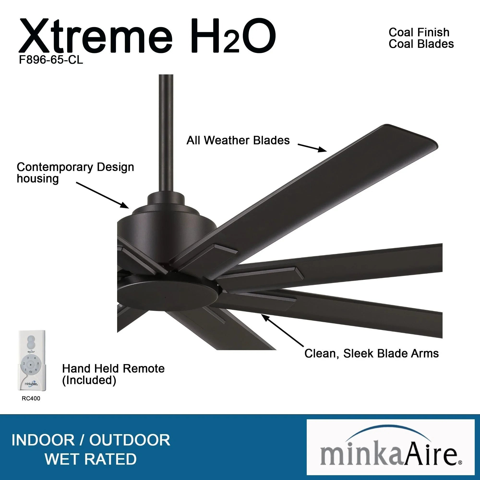 Xtreme H2O 65" Windmill Outdoor Ceiling Fan with Remote, Black Coal