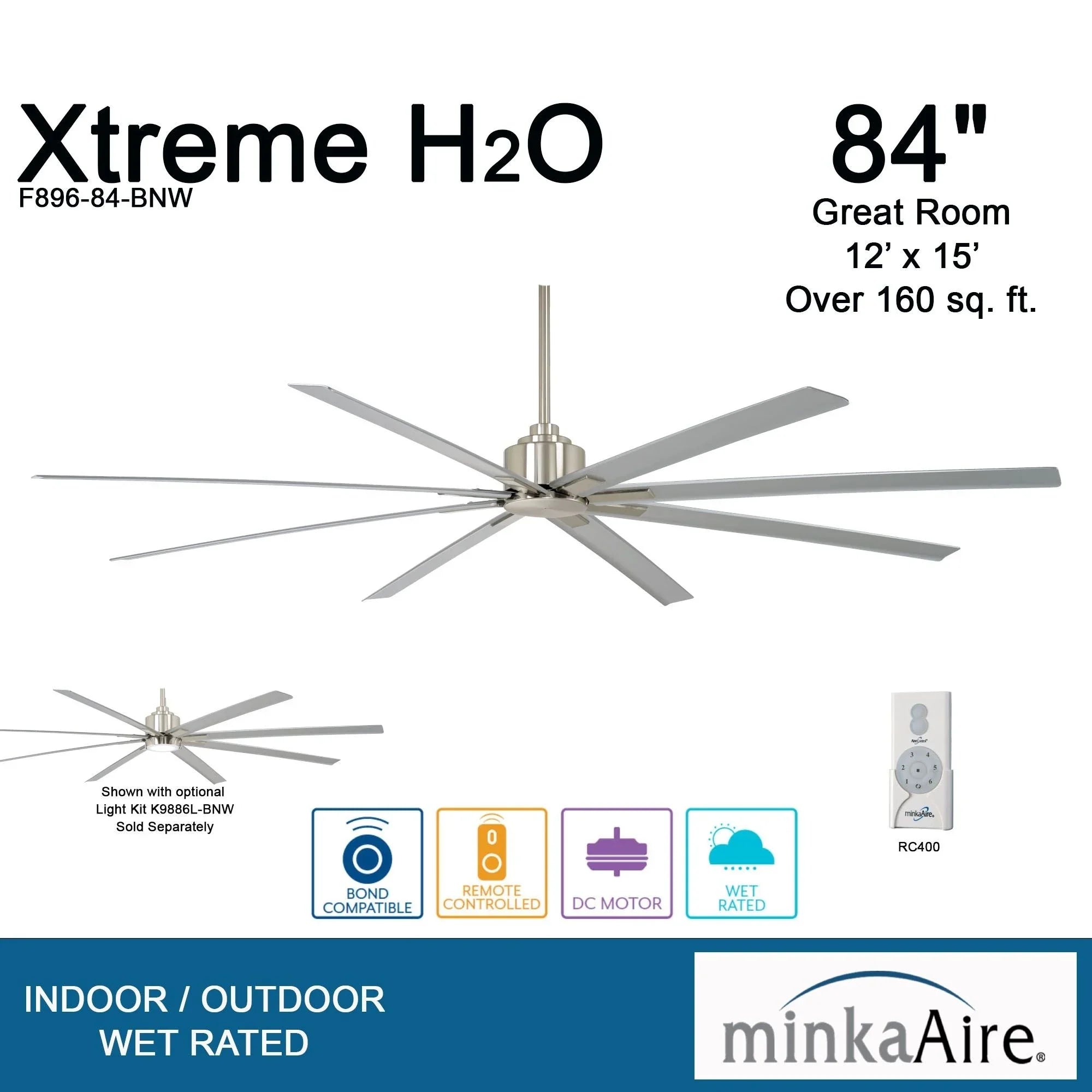 Xtreme H2O 84" Large Windmill Outdoor Ceiling Fan with Remote, Brushed Nickel
