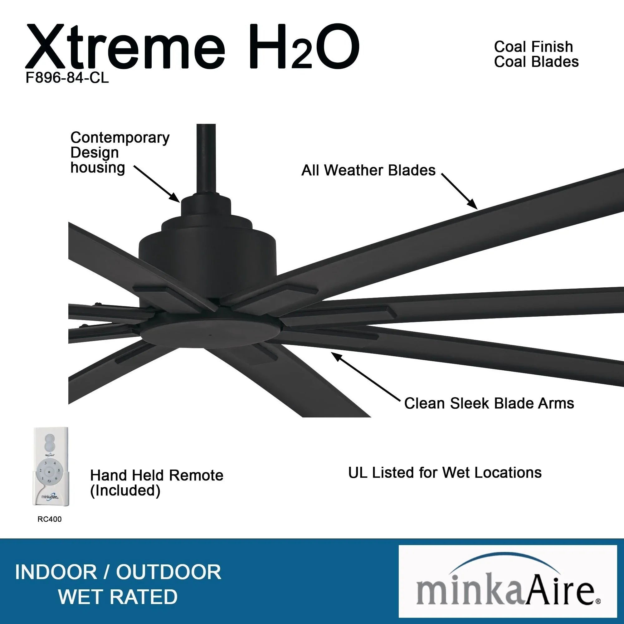Xtreme H2O 84" Large Windmill Outdoor Ceiling Fan with Remote, Black Coal