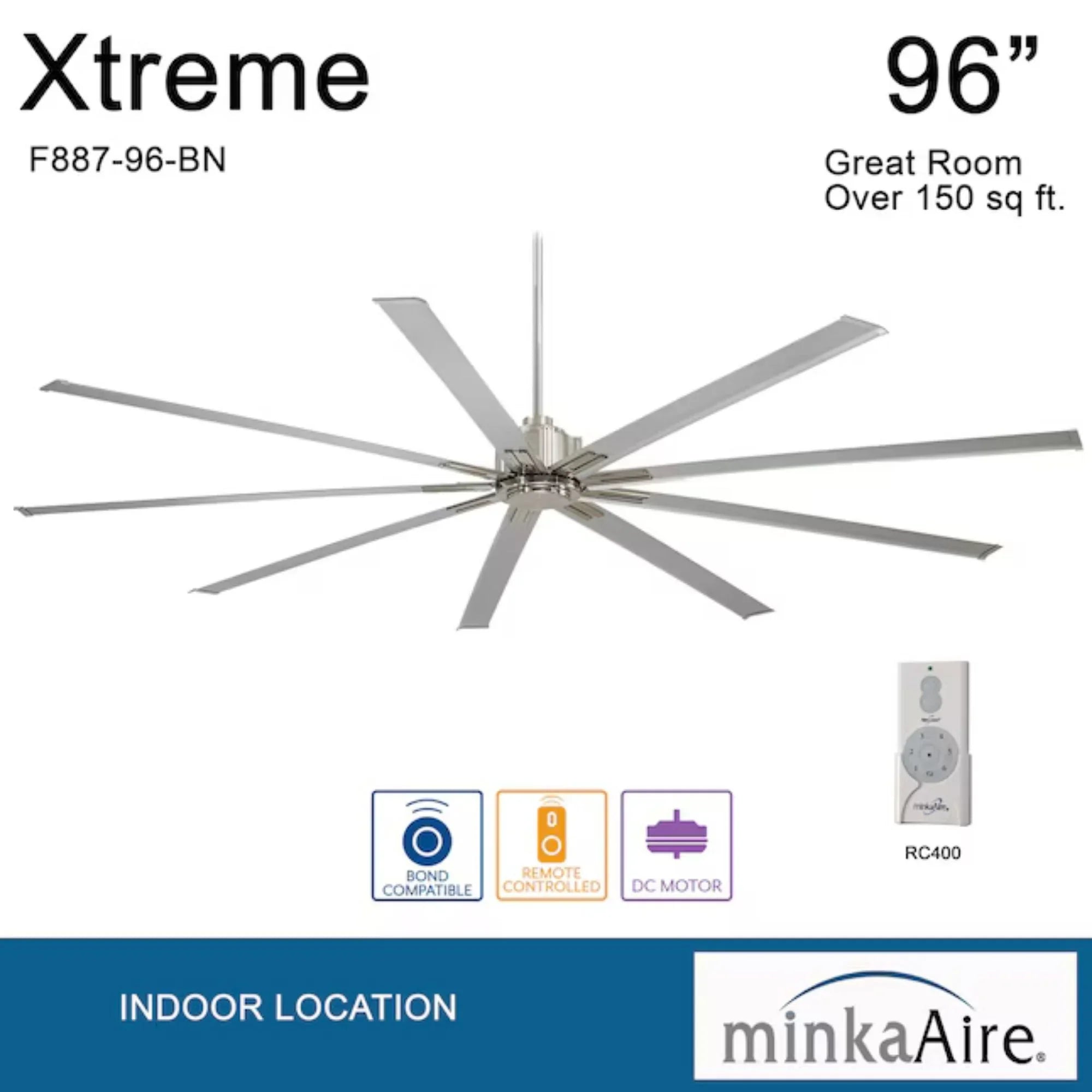 Xtreme 96" Large Windmill Ceiling Fan with Remote, Brushed Nickel