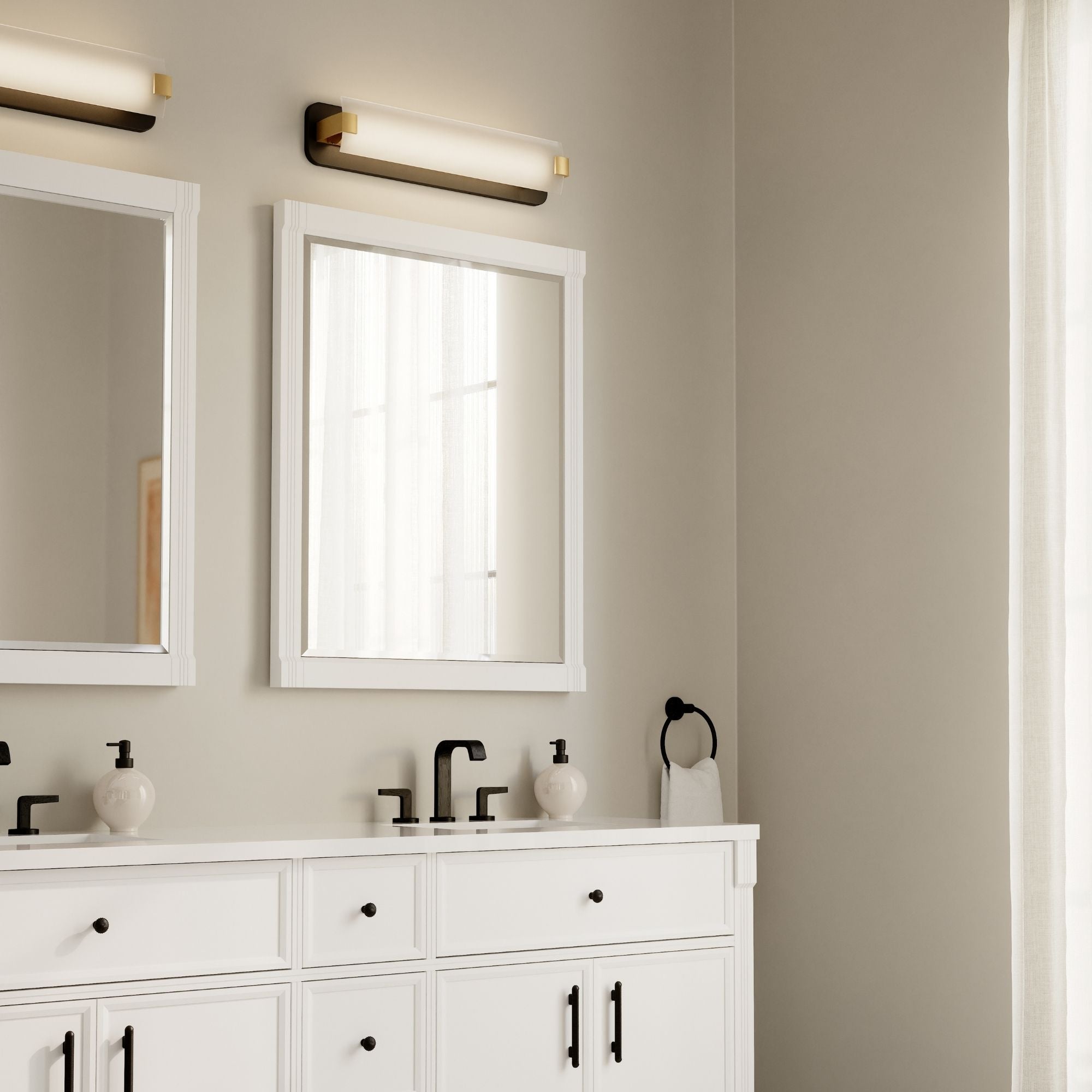 Minka-Lavery Arclume 24 in. LED Bath Bar, Dark Matte Black & Legacy Brass with Etched White Glass