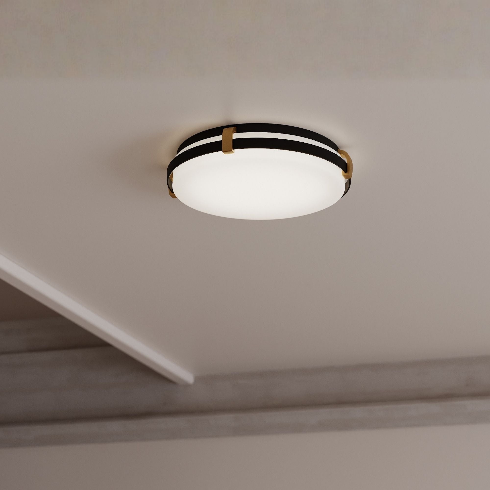 Minka-Lavery Arclume 14.75 in. LED Flush Mount, Dark Matte Black & Legacy Brass with Etched White Glass