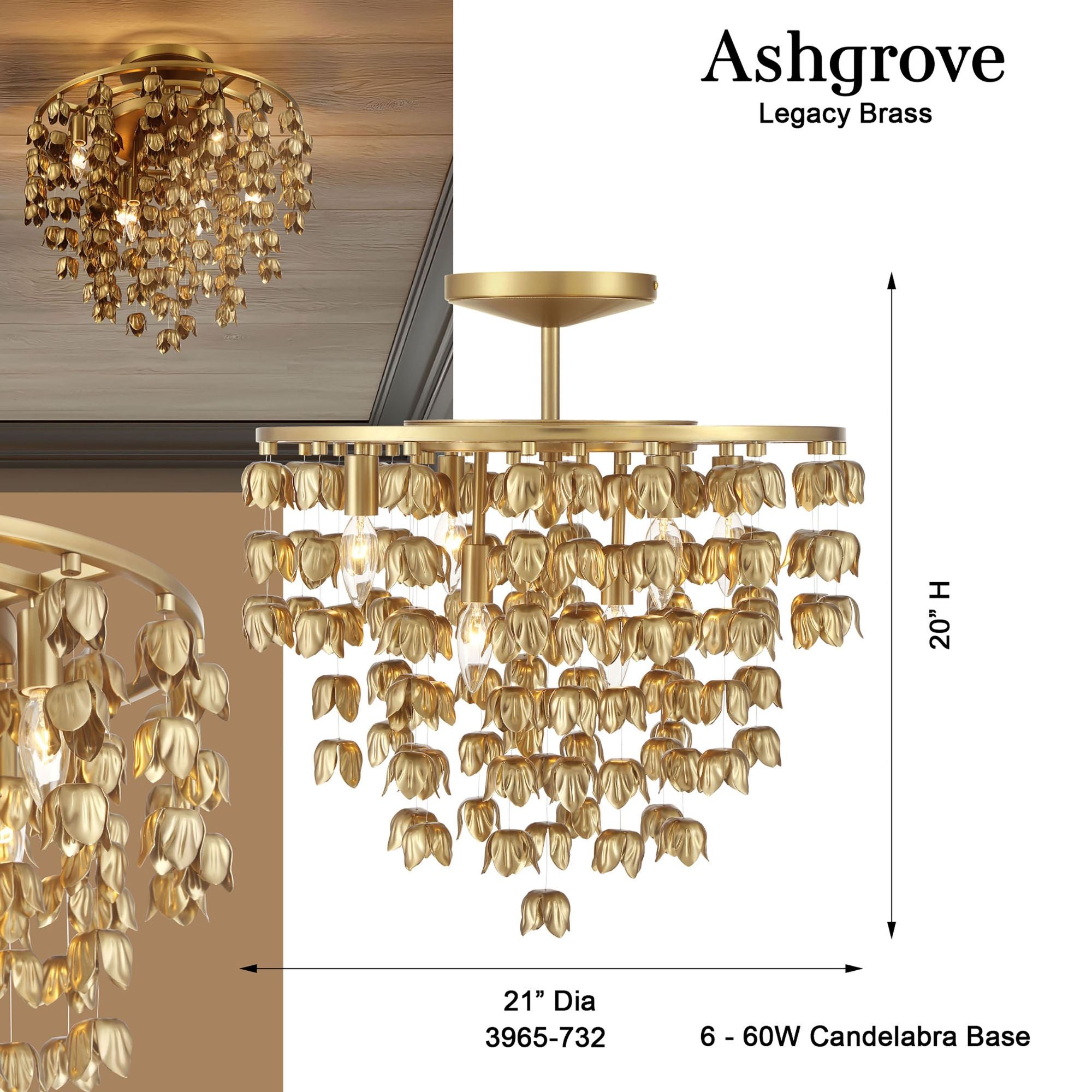 Ashgrove 21" 6-Light Semi-Flush Mount, Legacy Brass Finish
