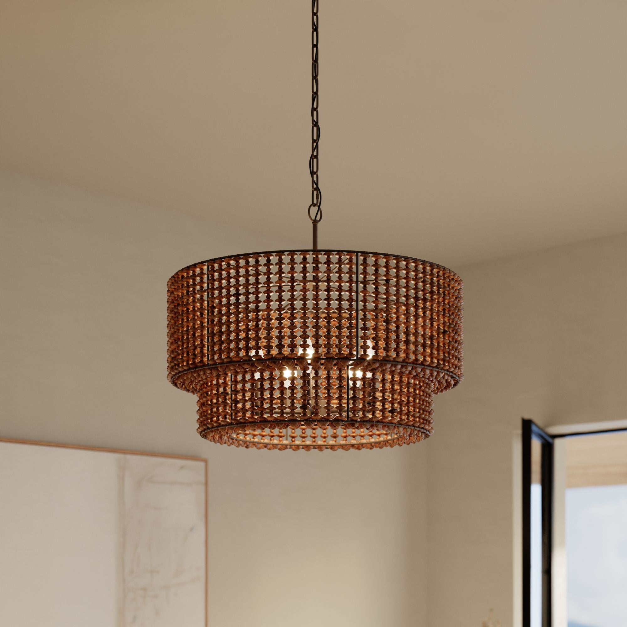 Minka-Lavery Beaudelle 30 in. 5-Light Pendant, Dark Bronze & Dark Brown, with Wooden Beads
