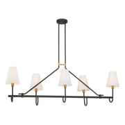 Minka-Lavery Bellforge 51 in. 5-Light Linear Chandelier, Legacy Brass & Dark Bronze with White Linen Shades