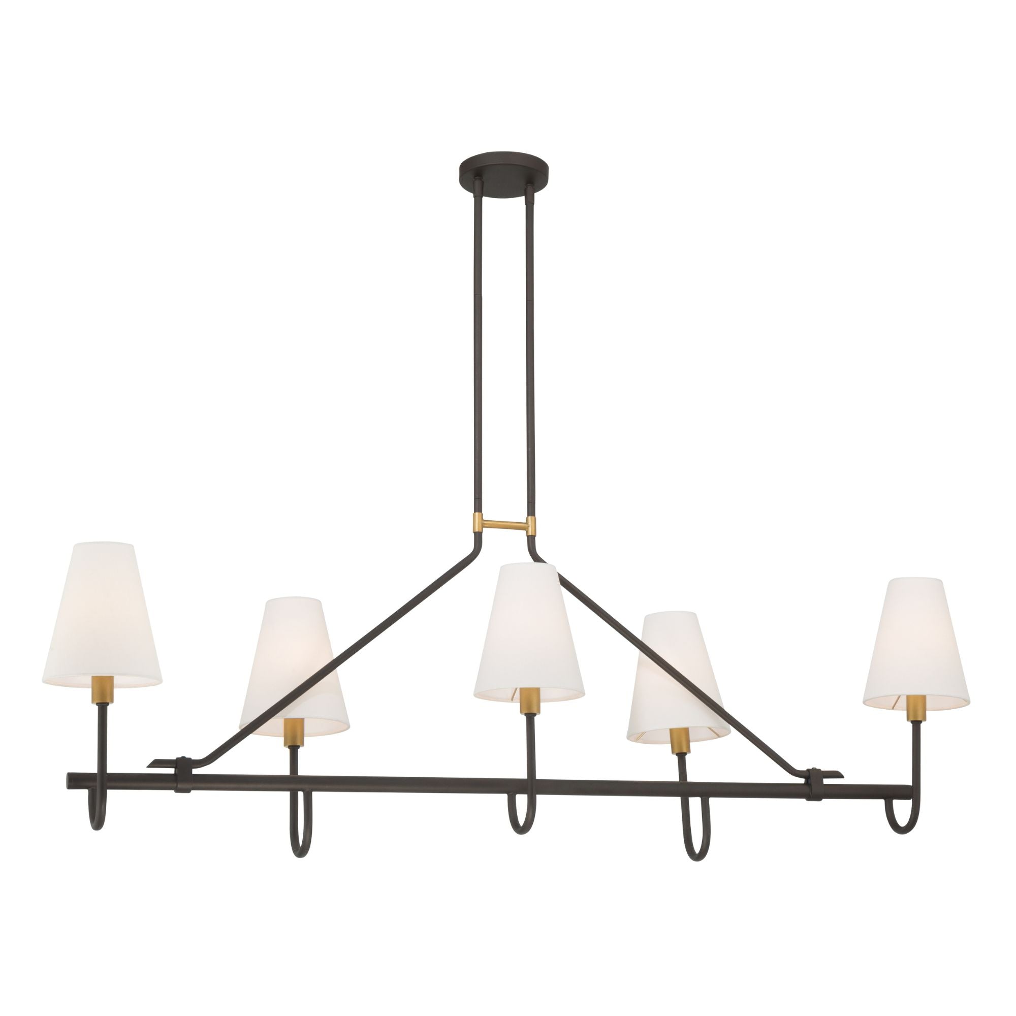 Minka-Lavery Bellforge 51 in. 5-Light Linear Chandelier, Legacy Brass & Dark Bronze with White Linen Shades