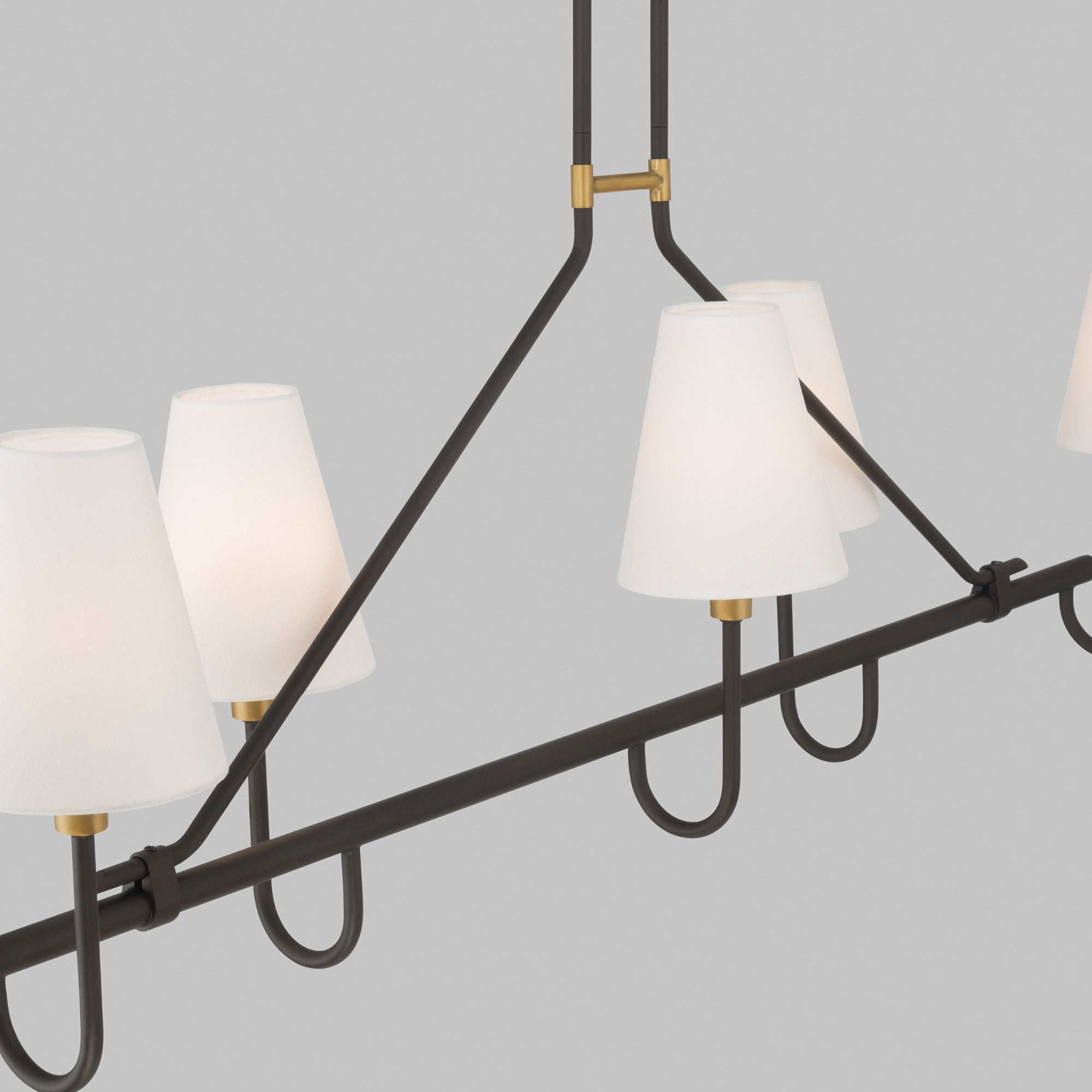Minka-Lavery Bellforge 51 in. 5-Light Linear Chandelier, Legacy Brass & Dark Bronze with White Linen Shades