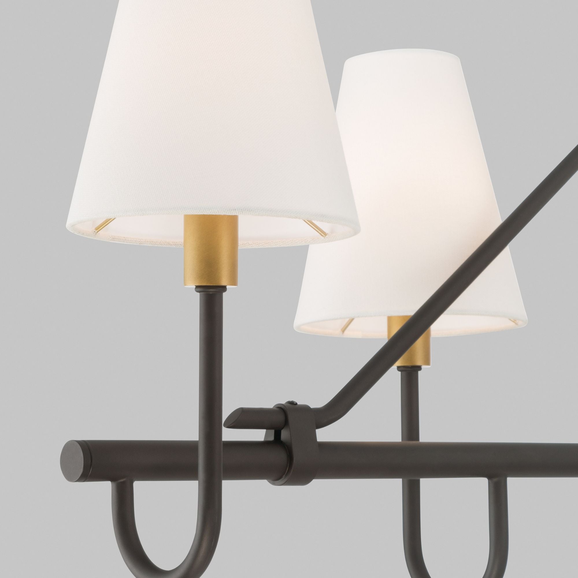 Minka-Lavery Bellforge 51 in. 5-Light Linear Chandelier, Legacy Brass & Dark Bronze with White Linen Shades