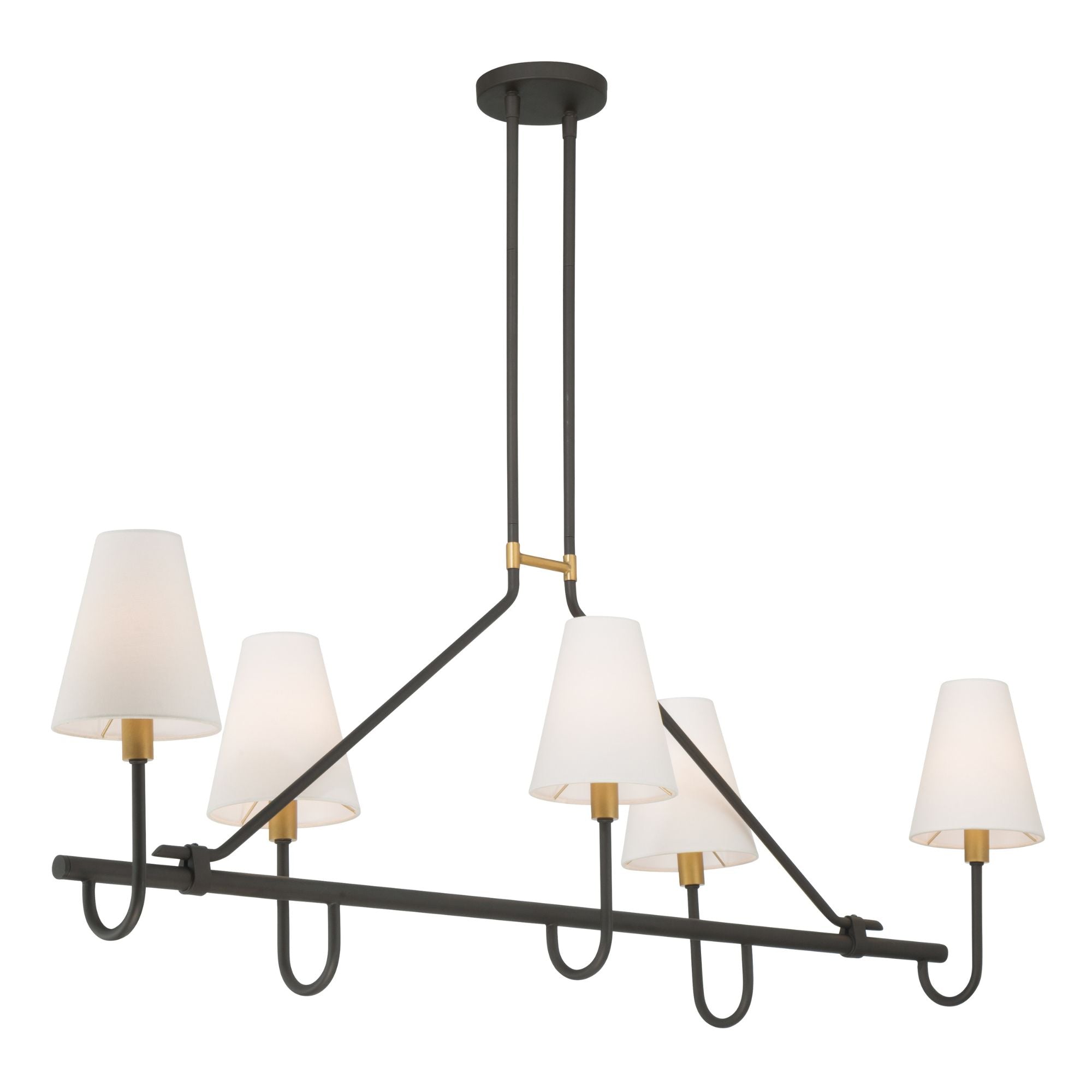 Minka-Lavery Bellforge 51 in. 5-Light Linear Chandelier, Legacy Brass & Dark Bronze with White Linen Shades