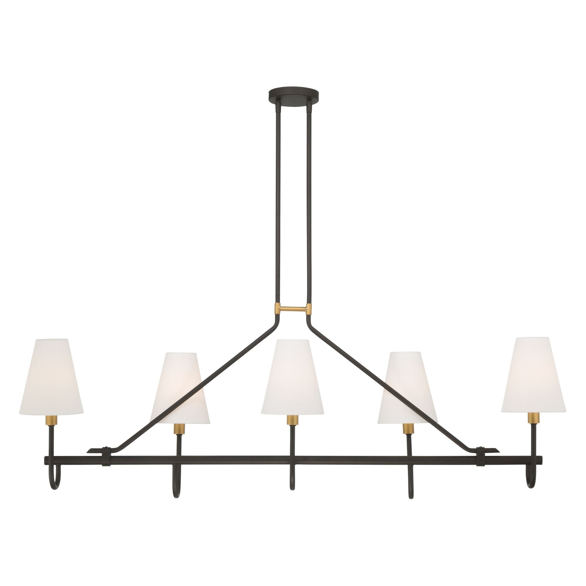 Minka-Lavery Bellforge 51 in. 5-Light Linear Chandelier, Legacy Brass & Dark Bronze with White Linen Shades