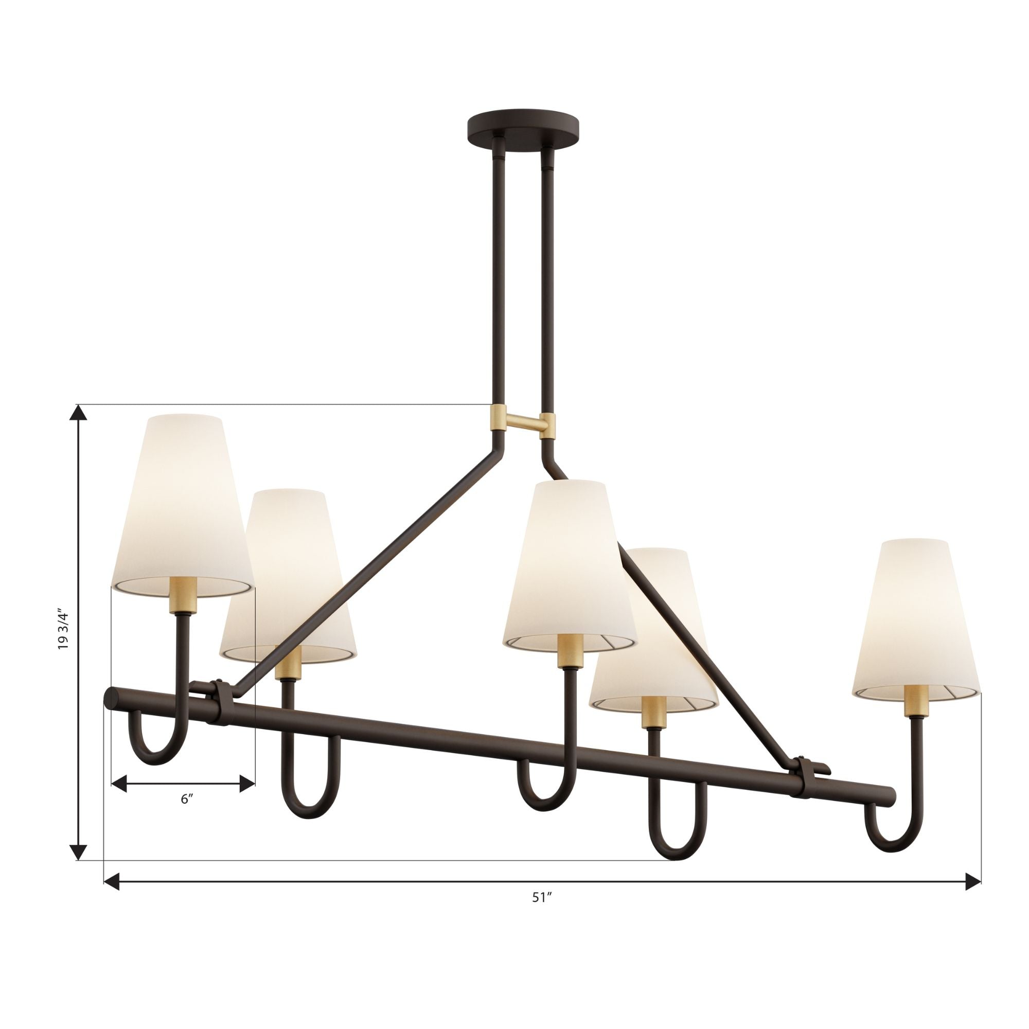 Minka-Lavery Bellforge 51 in. 5-Light Linear Chandelier, Legacy Brass & Dark Bronze with White Linen Shades