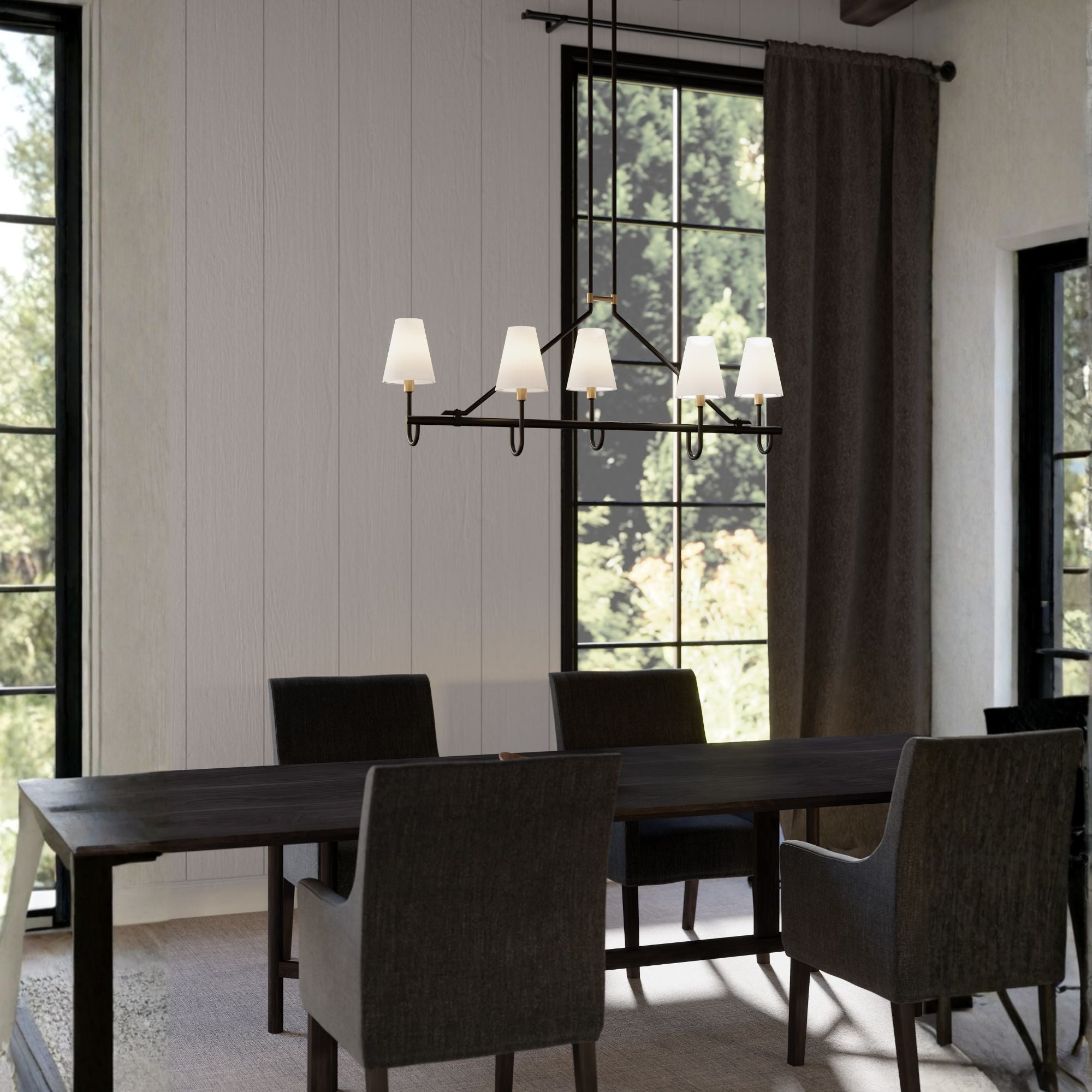 Minka-Lavery Bellforge 51 in. 5-Light Linear Chandelier, Legacy Brass & Dark Bronze with White Linen Shades