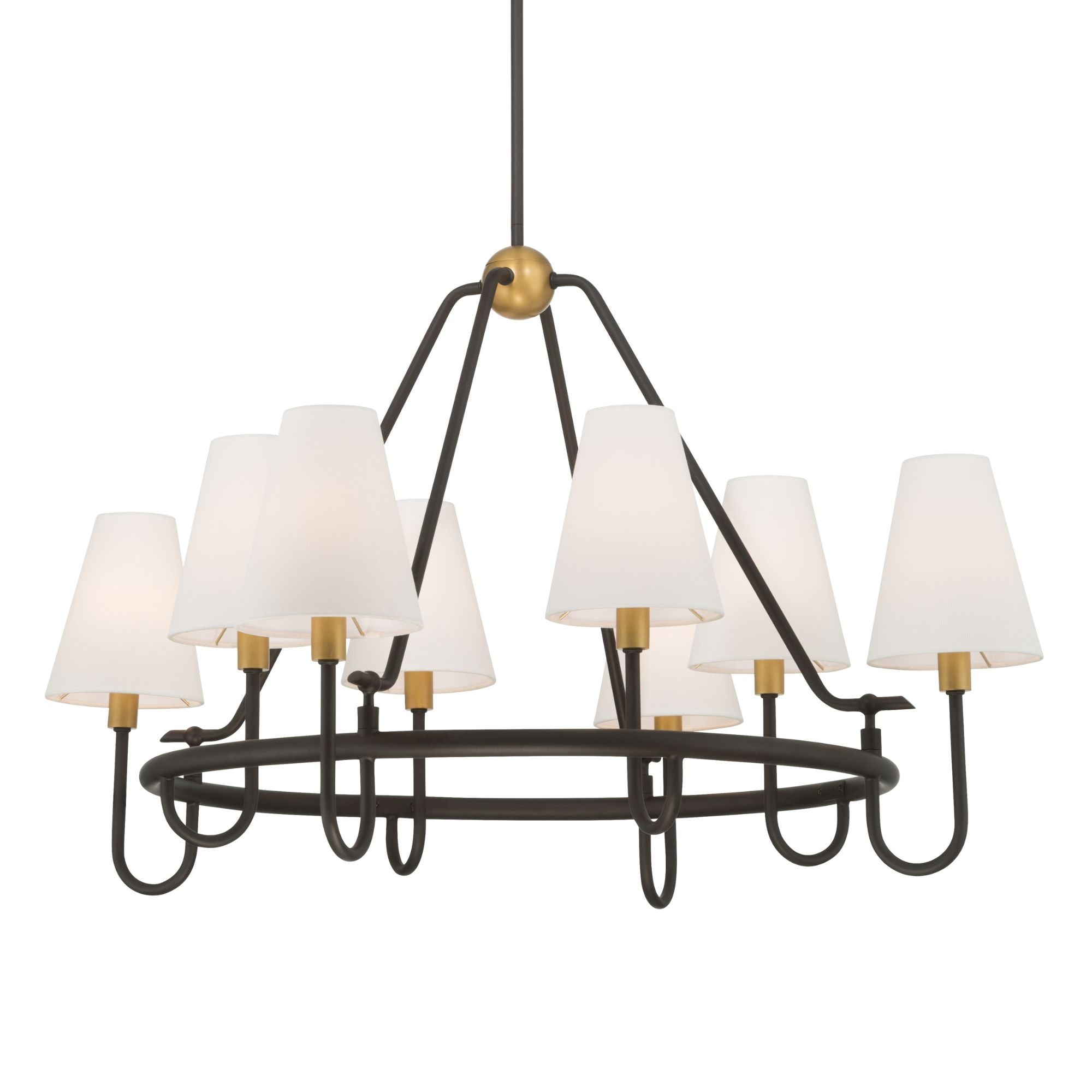 Minka-Lavery Bellforge 38 in. 8-Light Pendant, Legacy Brass & Dark Bronze with White Linen Shades