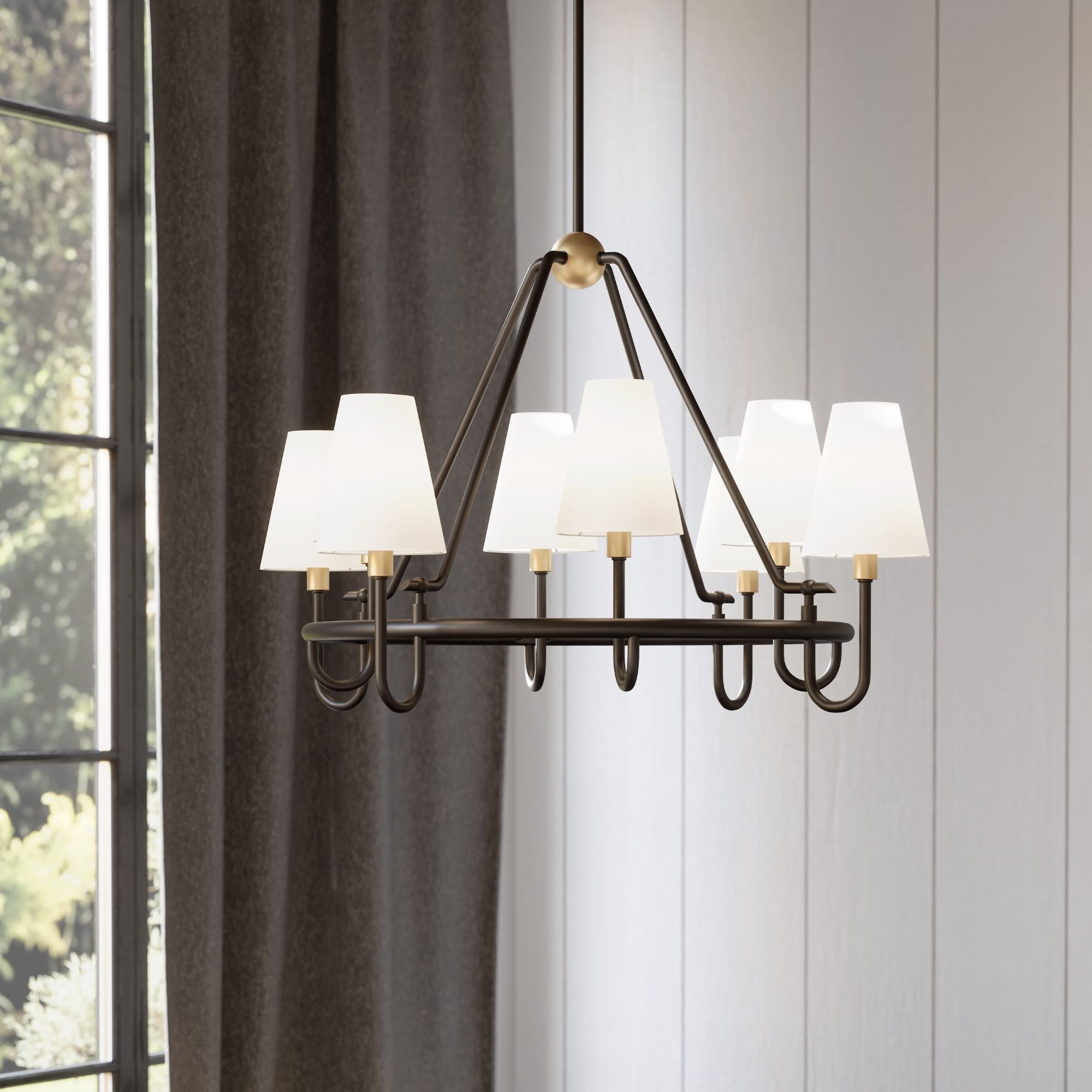 Minka-Lavery Bellforge 38 in. 8-Light Pendant, Legacy Brass & Dark Bronze with White Linen Shades