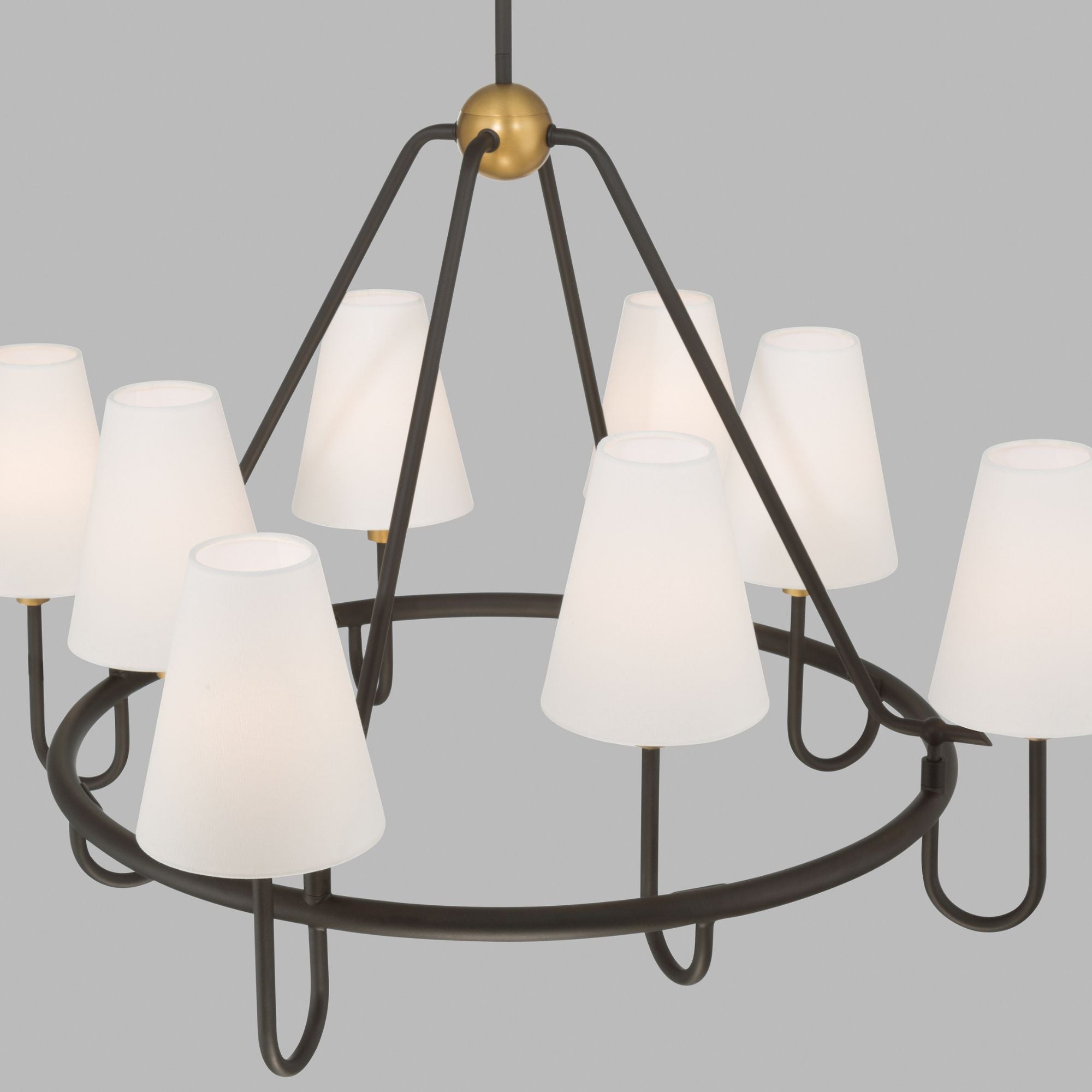 Minka-Lavery Bellforge 38 in. 8-Light Pendant, Legacy Brass & Dark Bronze with White Linen Shades