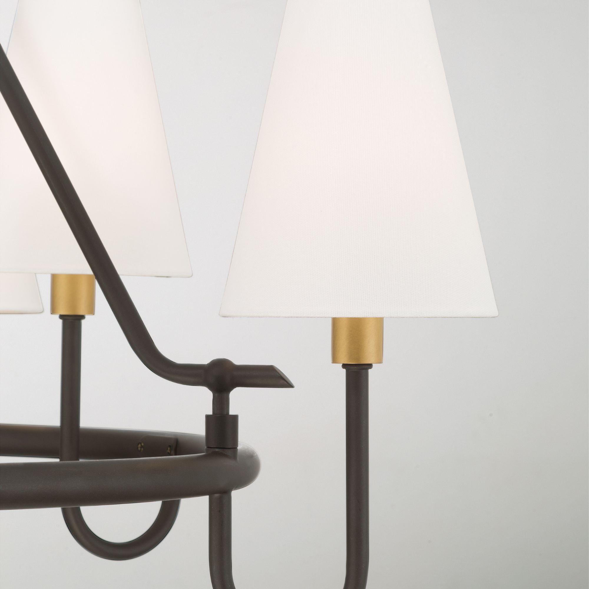 Minka-Lavery Bellforge 38 in. 8-Light Pendant, Legacy Brass & Dark Bronze with White Linen Shades