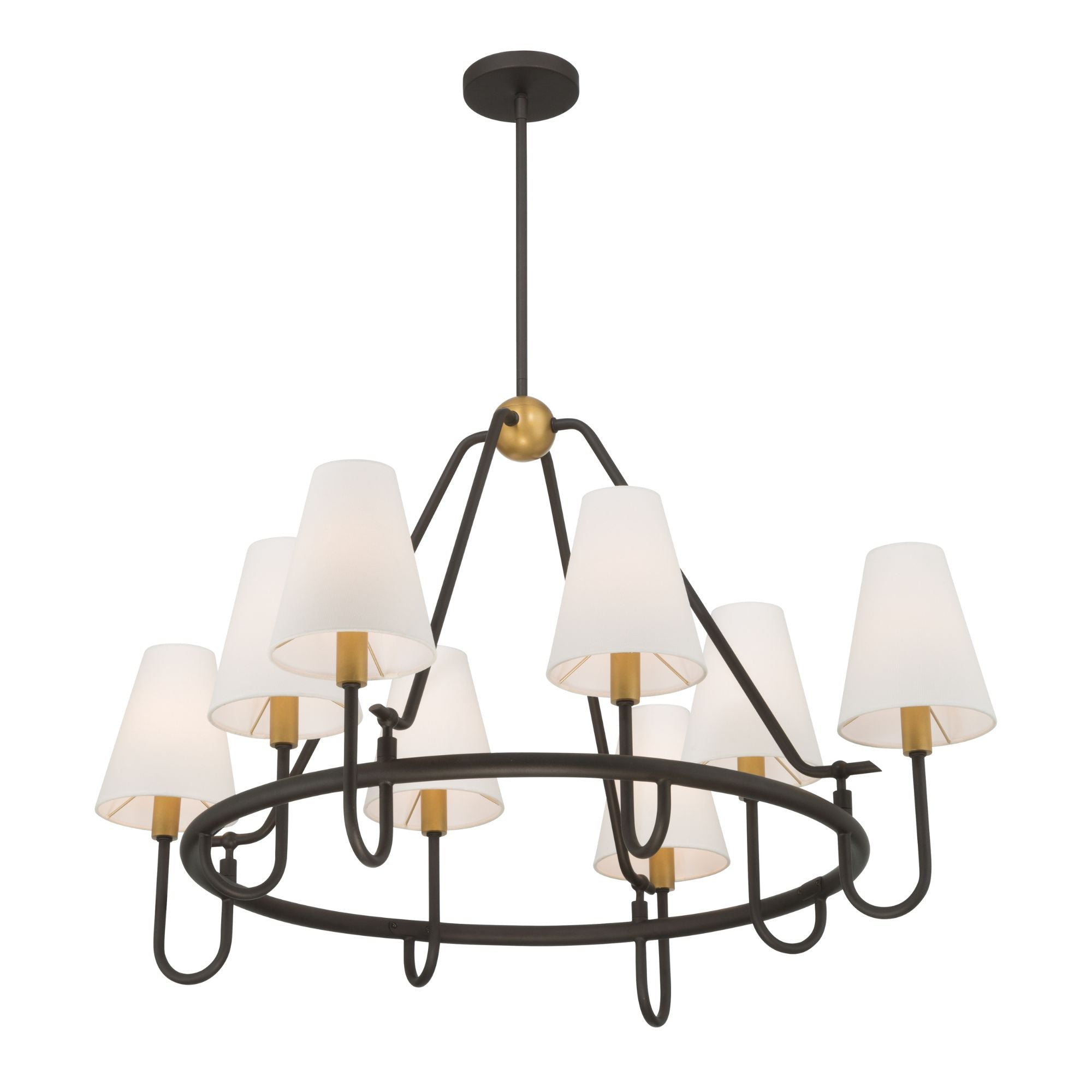 Minka-Lavery Bellforge 38 in. 8-Light Pendant, Legacy Brass & Dark Bronze with White Linen Shades