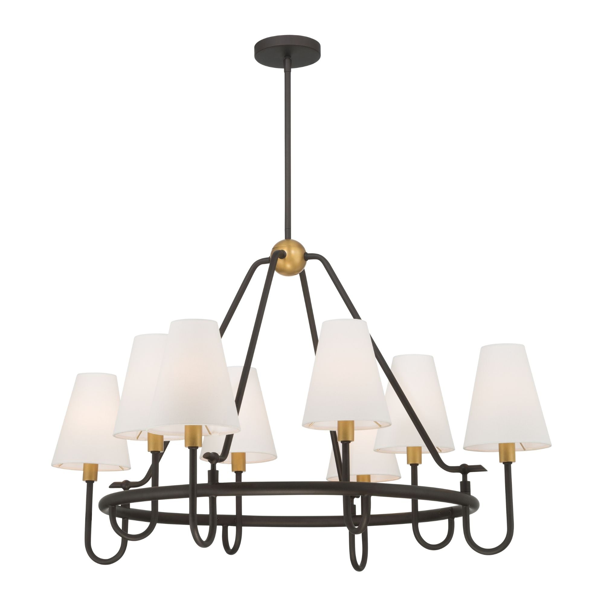 Minka-Lavery Bellforge 38 in. 8-Light Pendant, Legacy Brass & Dark Bronze with White Linen Shades