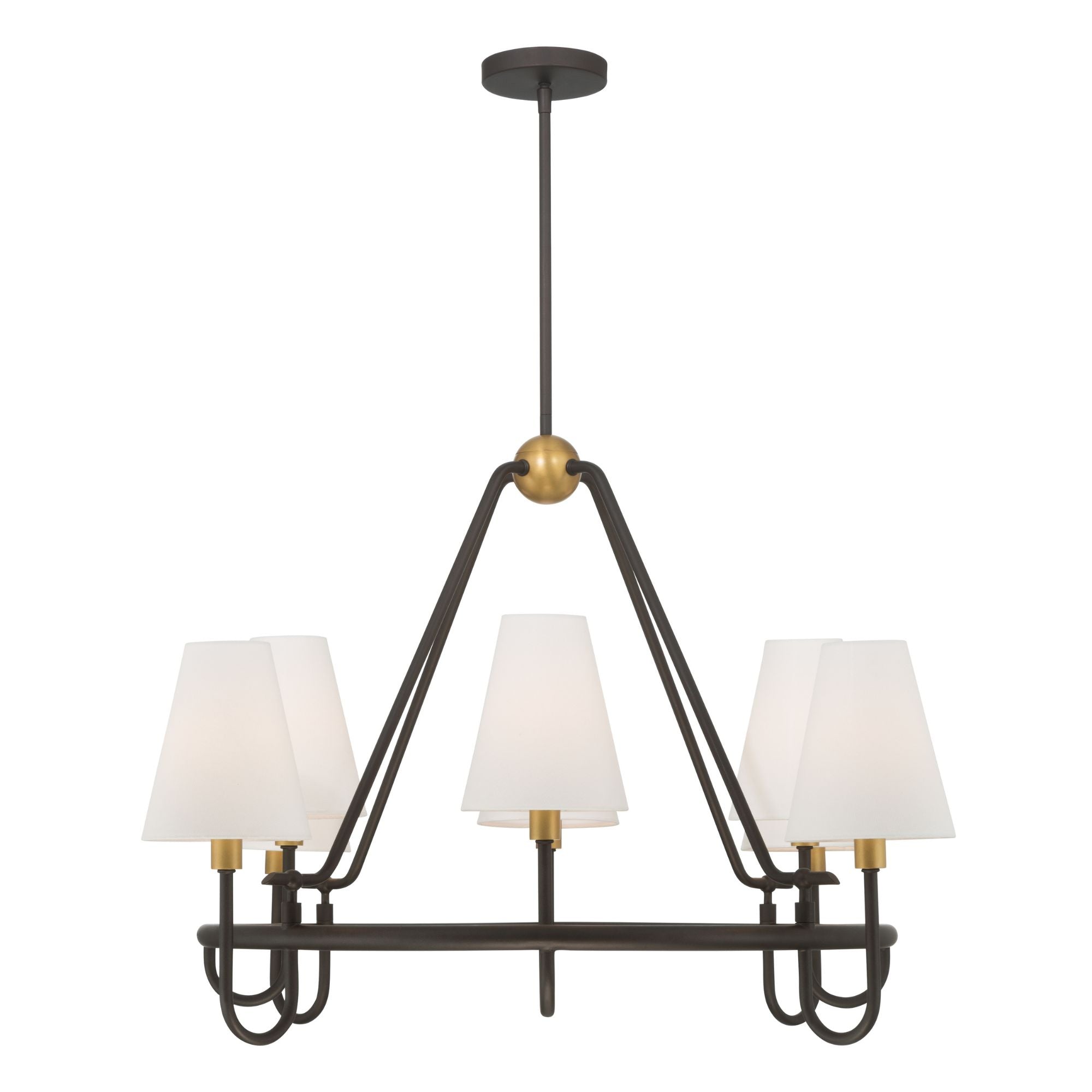Minka-Lavery Bellforge 38 in. 8-Light Pendant, Legacy Brass & Dark Bronze with White Linen Shades