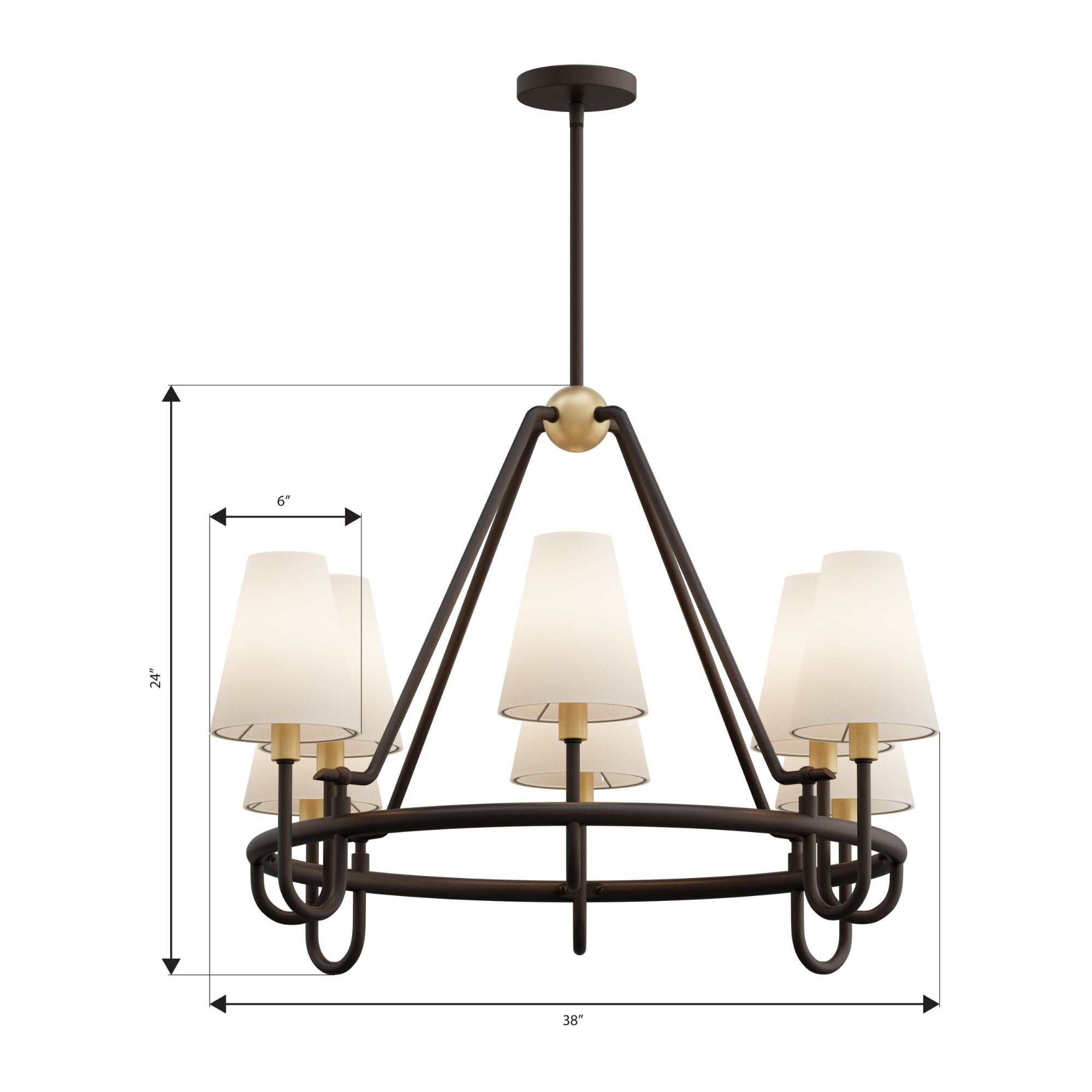 Minka-Lavery Bellforge 38 in. 8-Light Pendant, Legacy Brass & Dark Bronze with White Linen Shades