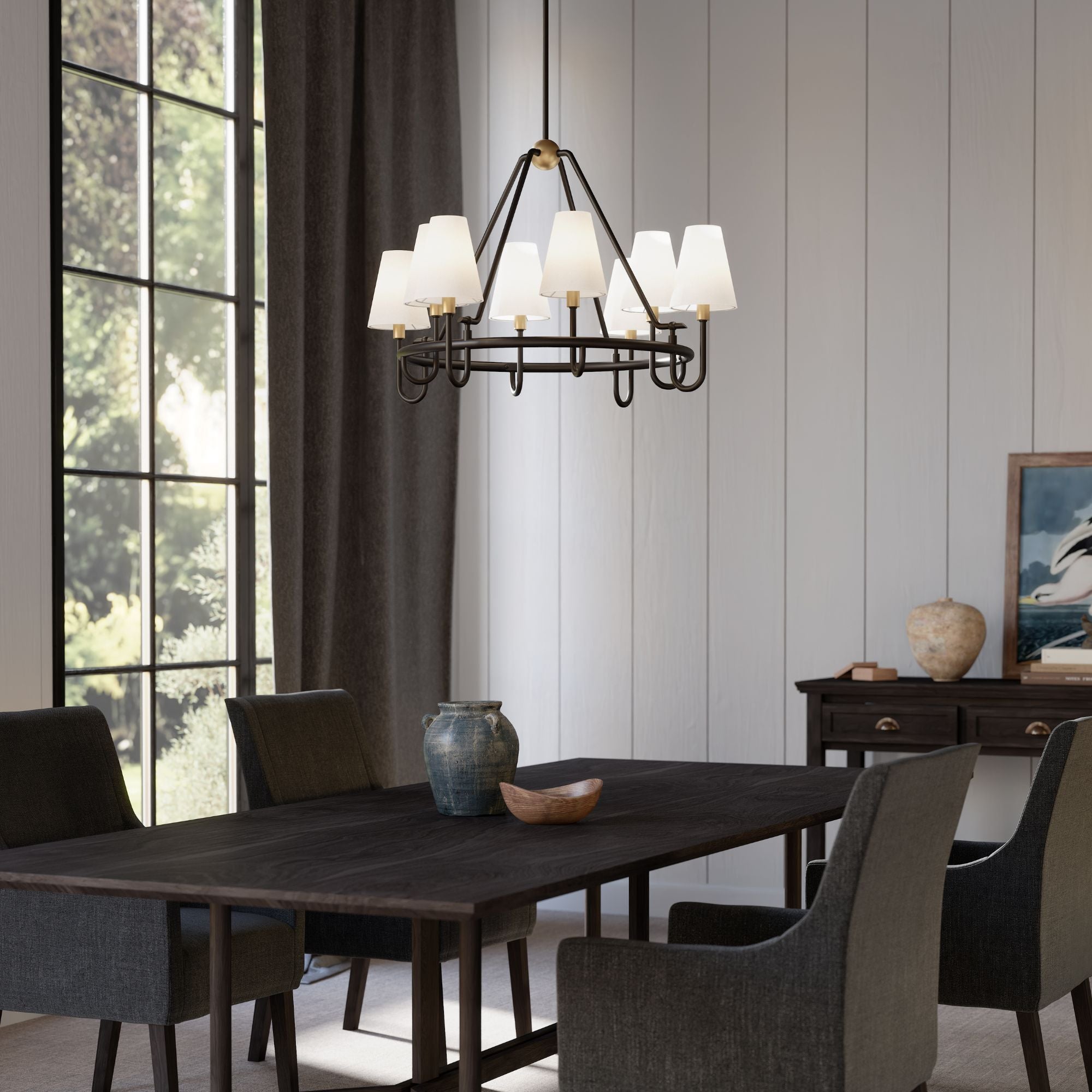 Minka-Lavery Bellforge 38 in. 8-Light Pendant, Legacy Brass & Dark Bronze with White Linen Shades