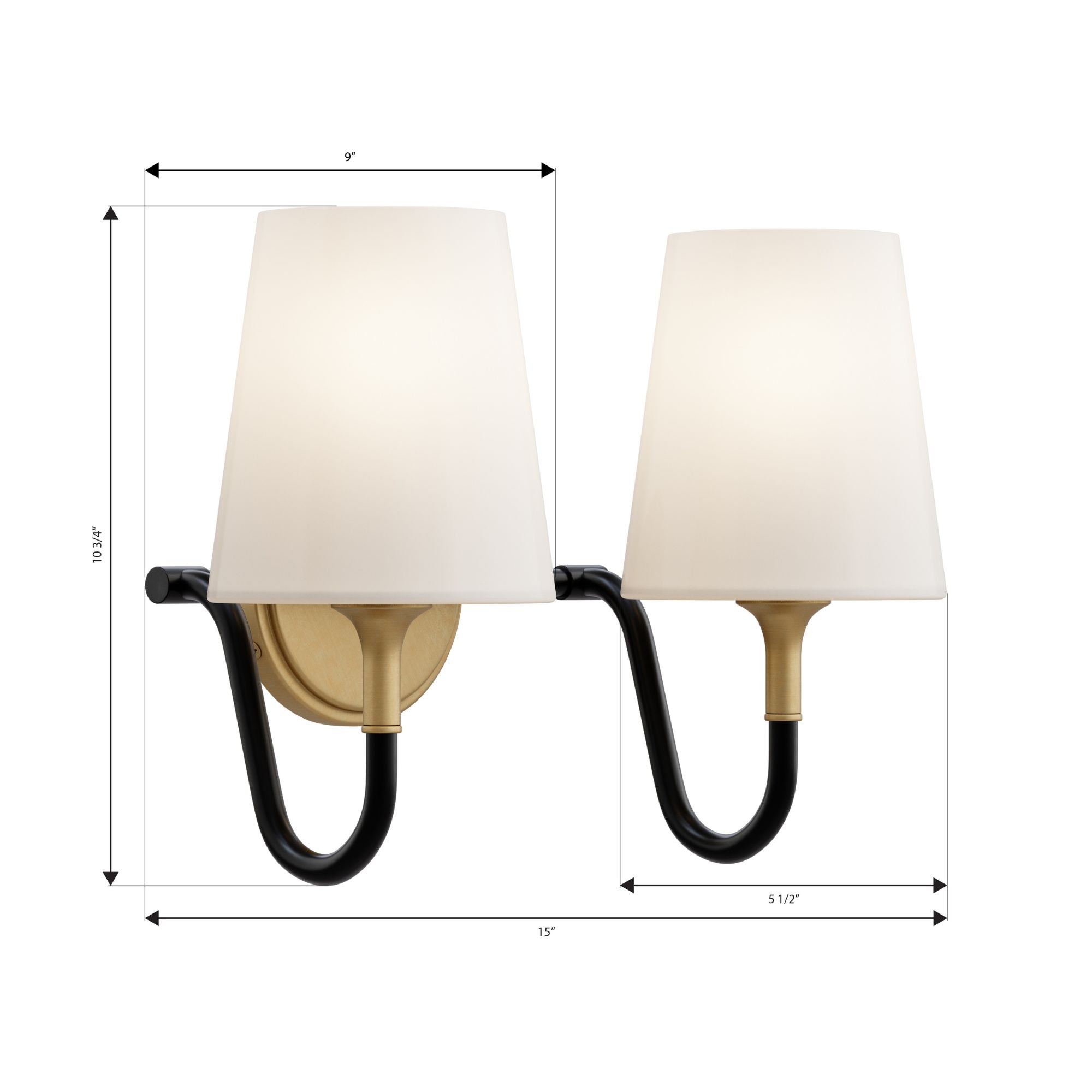 Minka-Lavery Brienne 15 in. 2-Light Vanity, Legacy Brass & Dark Matte Black with Etched White Tapered Glass