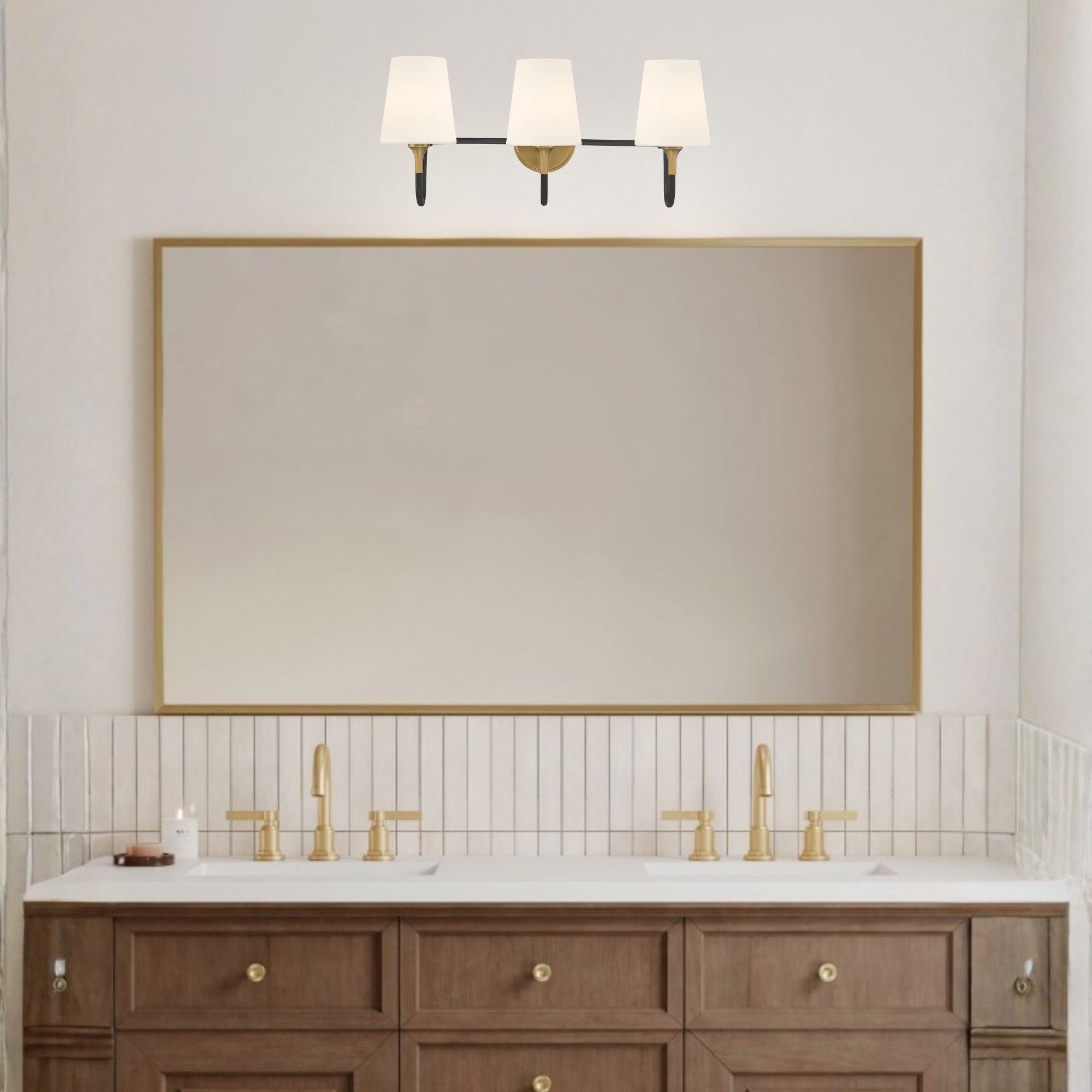 Minka-Lavery Brienne 24.5 in. 3-Light Vanity, Legacy Brass & Dark Matte Black with Etched White Tapered Glass