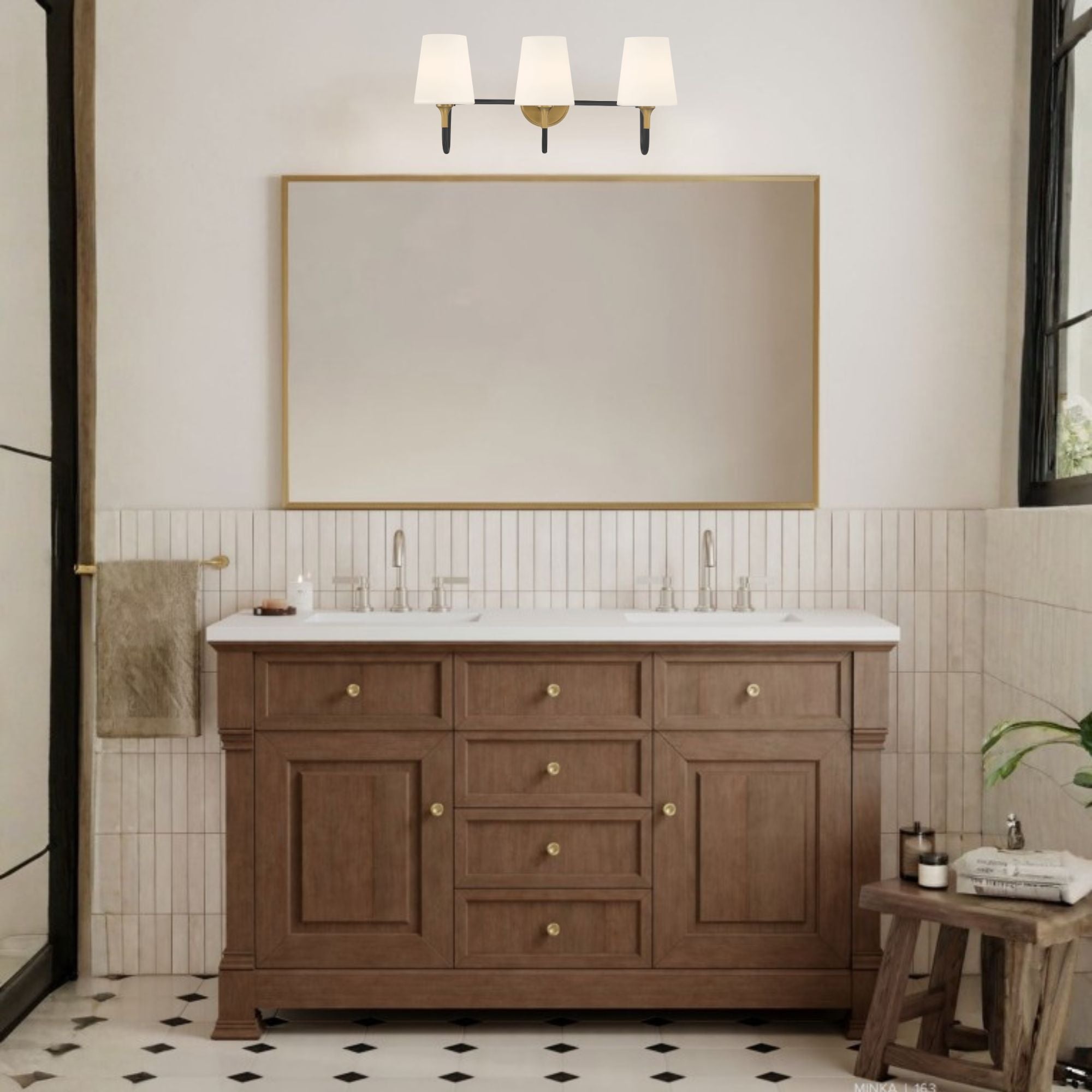 Minka-Lavery Brienne 24.5 in. 3-Light Vanity, Legacy Brass & Dark Matte Black with Etched White Tapered Glass