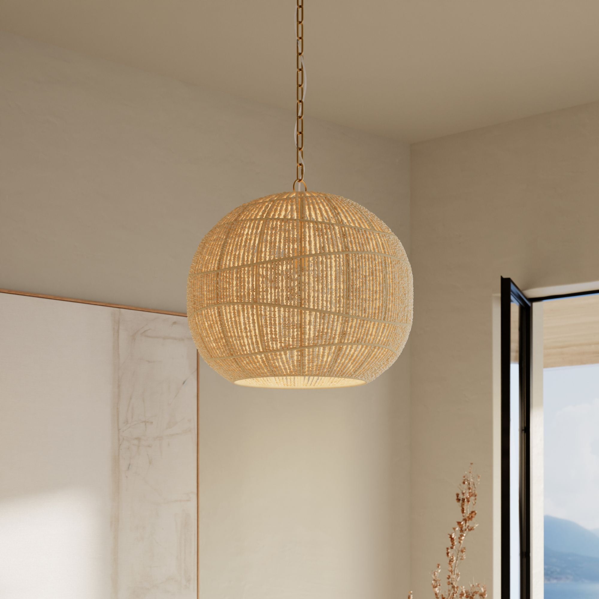 Minka-Lavery Cavara 23 in. Pendant Light, Legacy Brass with Ivory Fabric Shade