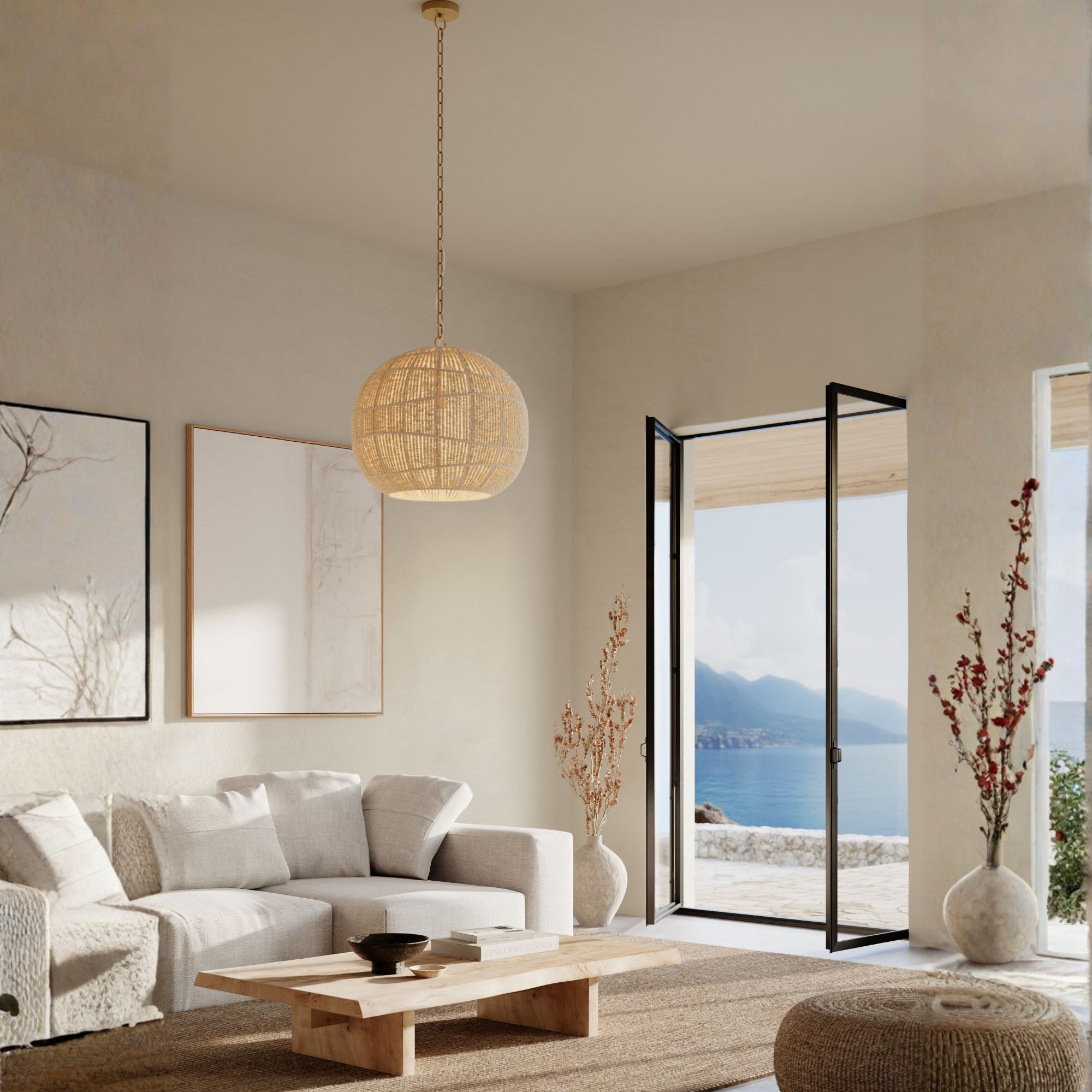 Minka-Lavery Cavara 23 in. Pendant Light, Legacy Brass with Ivory Fabric Shade