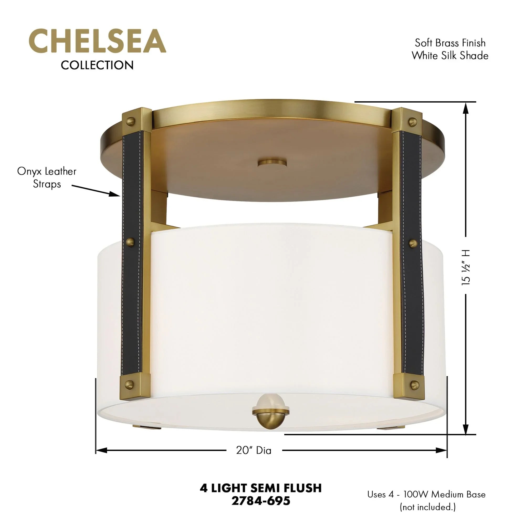 Chelsea 20" 4-Light Semi-Flush Mount, Soft Brass Finish