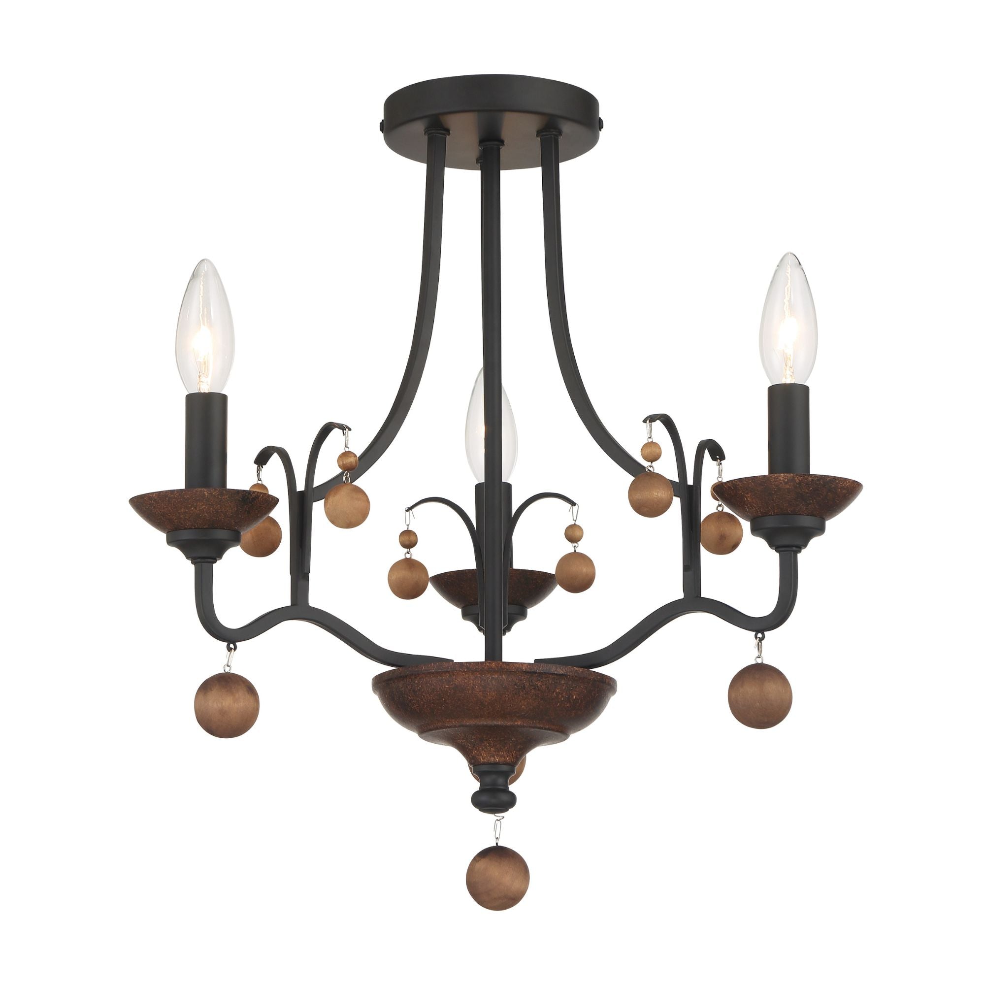 Colonial Charm 18" 3-Light Semi-Flush Mount, Old World Bronze & Walnut Accents