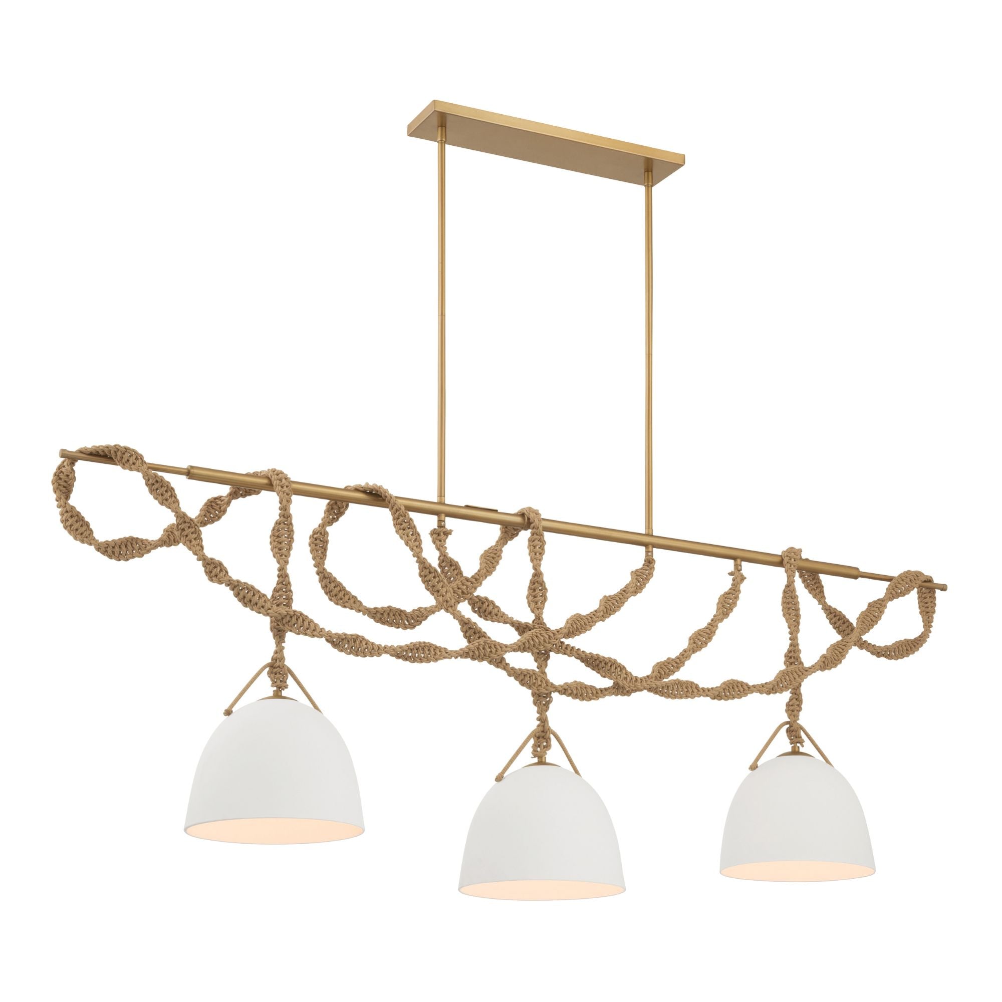 Minka-Lavery Cordón 63.25 in. 3-Light Linear Chandelier, Legacy Brass & Natural with White Ceramic Shades