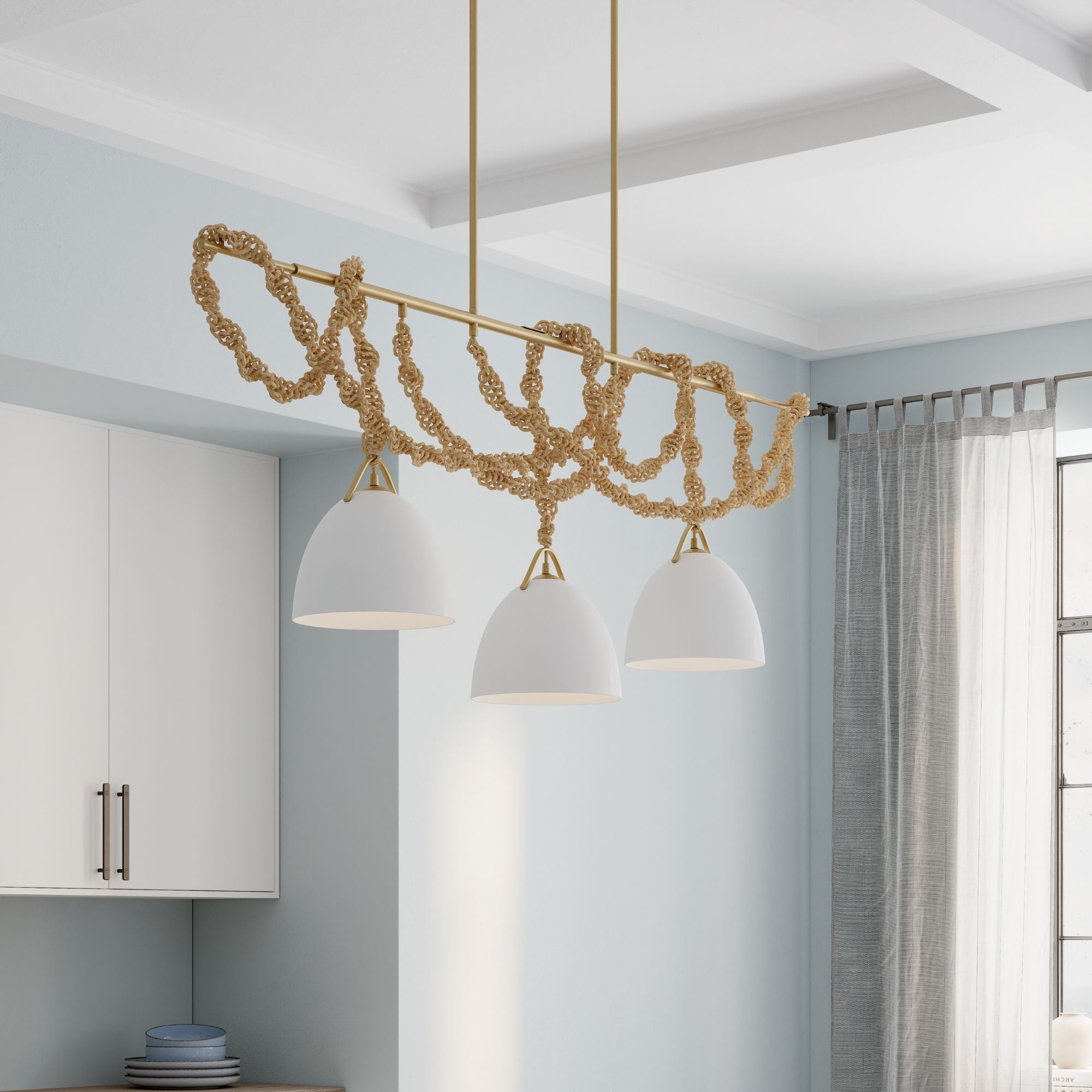 Minka-Lavery Cordón 63.25 in. 3-Light Linear Chandelier, Legacy Brass & Natural with White Ceramic Shades