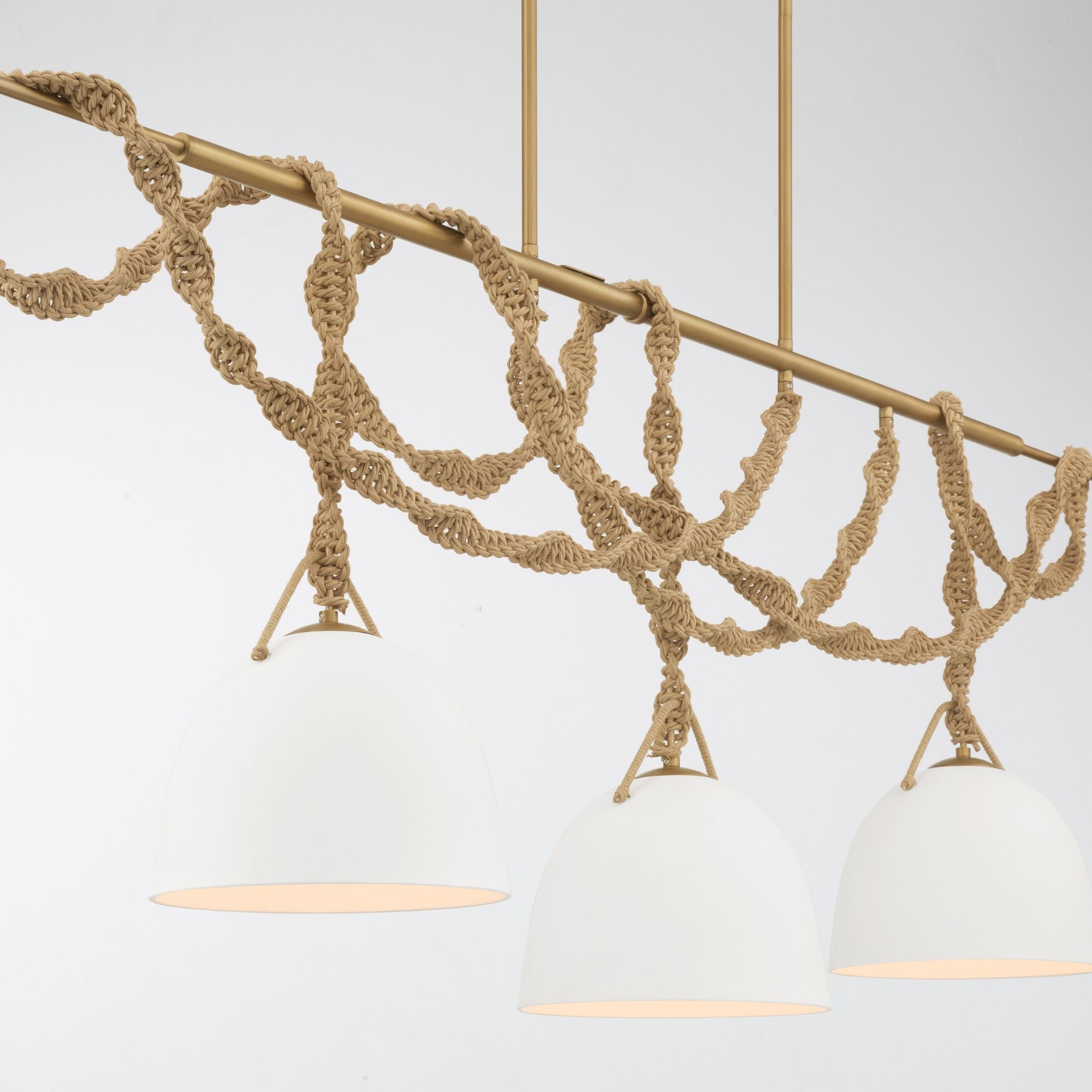 Minka-Lavery Cordón 63.25 in. 3-Light Linear Chandelier, Legacy Brass & Natural with White Ceramic Shades