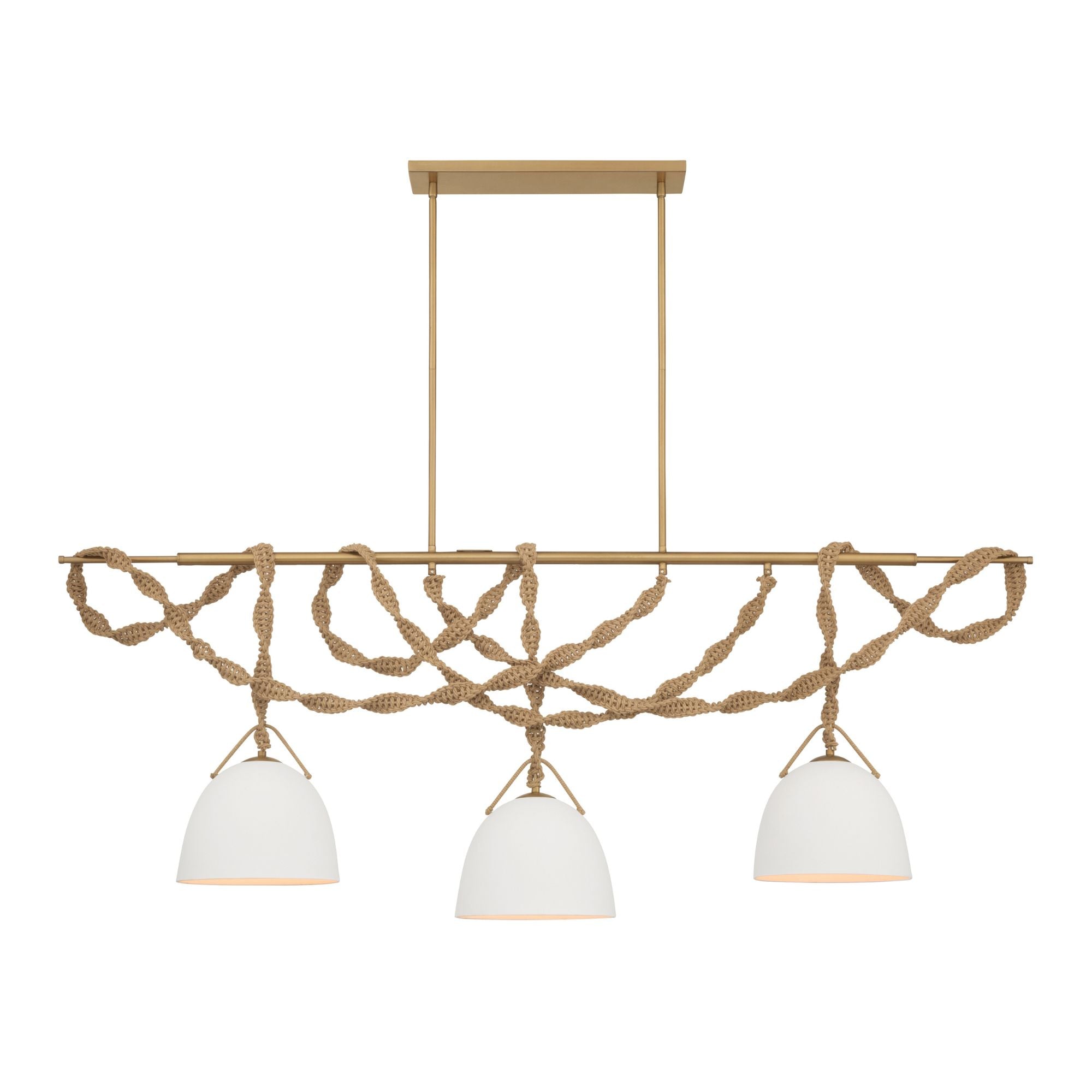 Minka-Lavery Cordón 63.25 in. 3-Light Linear Chandelier, Legacy Brass & Natural with White Ceramic Shades