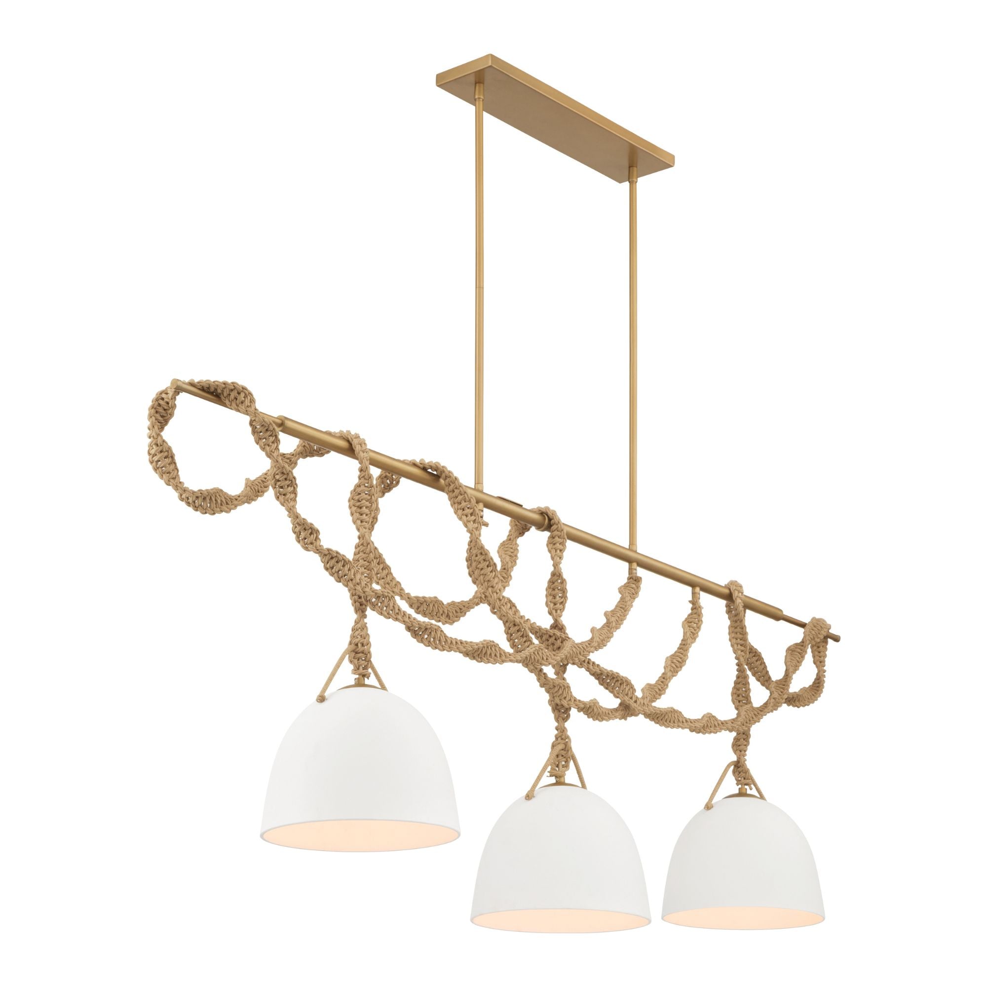 Minka-Lavery Cordón 63.25 in. 3-Light Linear Chandelier, Legacy Brass & Natural with White Ceramic Shades