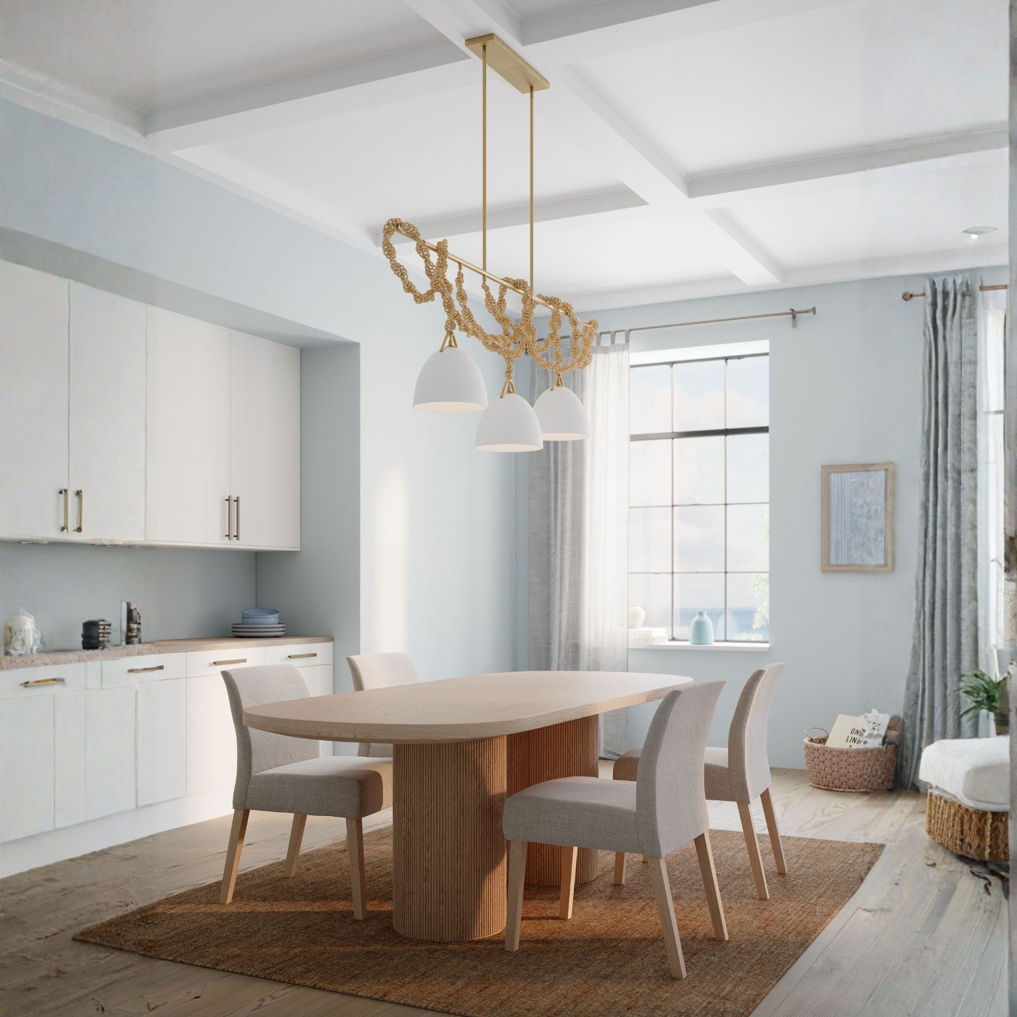 Minka-Lavery Cordón 63.25 in. 3-Light Linear Chandelier, Legacy Brass & Natural with White Ceramic Shades