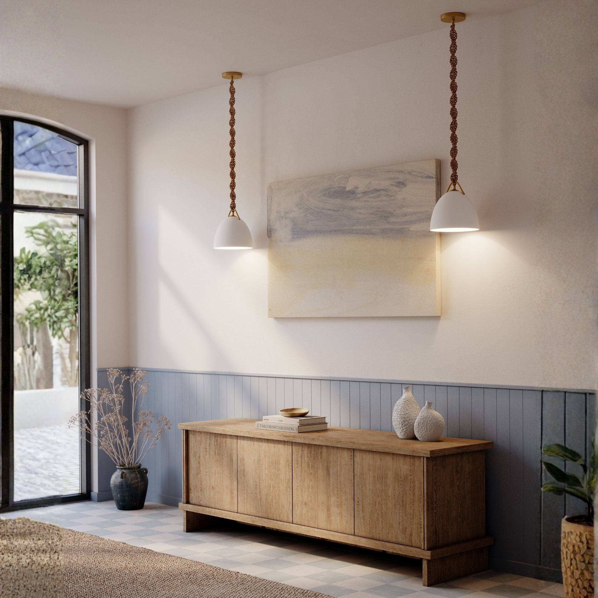 Minka-Lavery Cordón 10 in. Mini Pendant, Legacy Brass & Natural with White Ceramic Dome Shade
