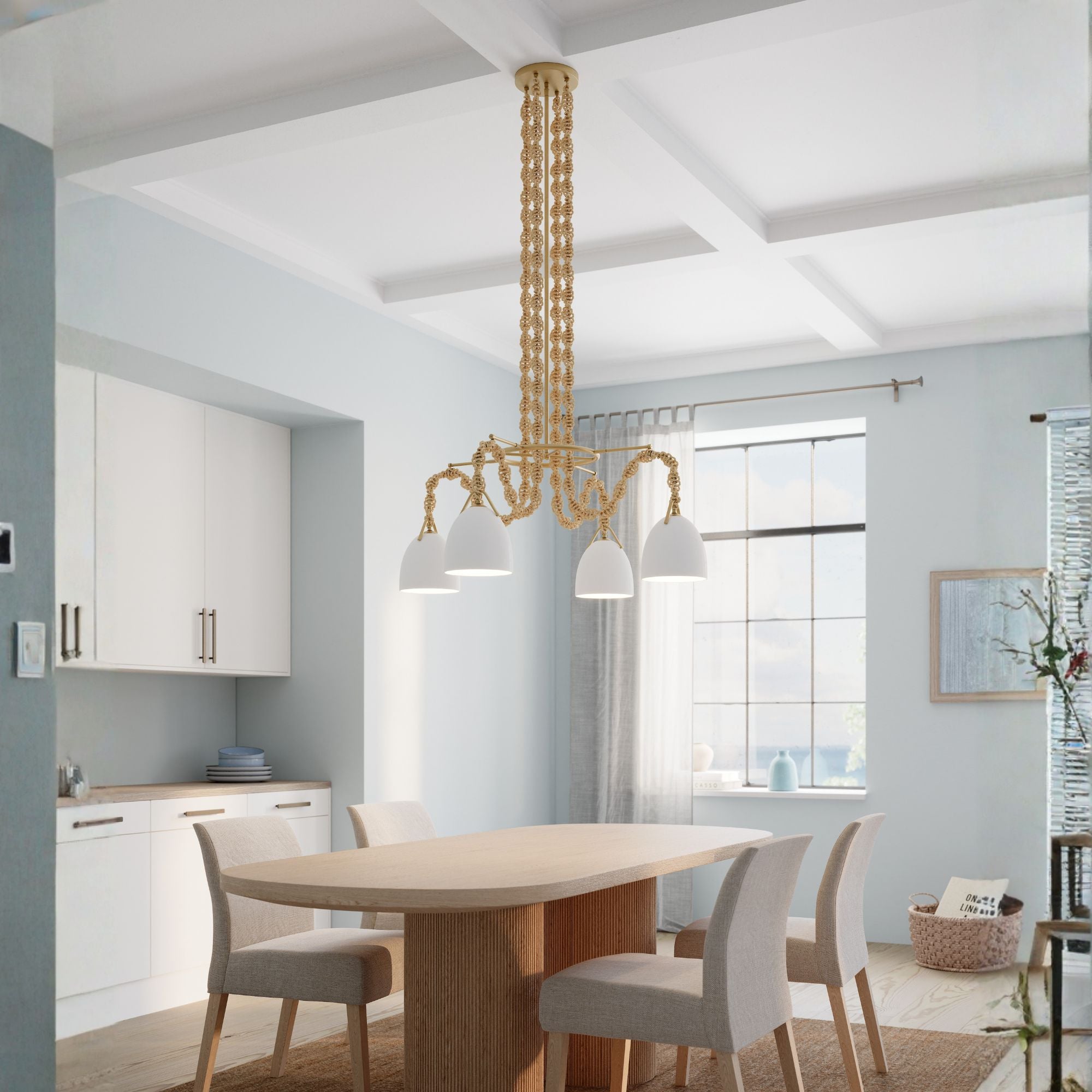 Minka-Lavery Cordón 40 in. 4-Light Pendant, Legacy Brass & Natural with White Ceramic Dome Shades