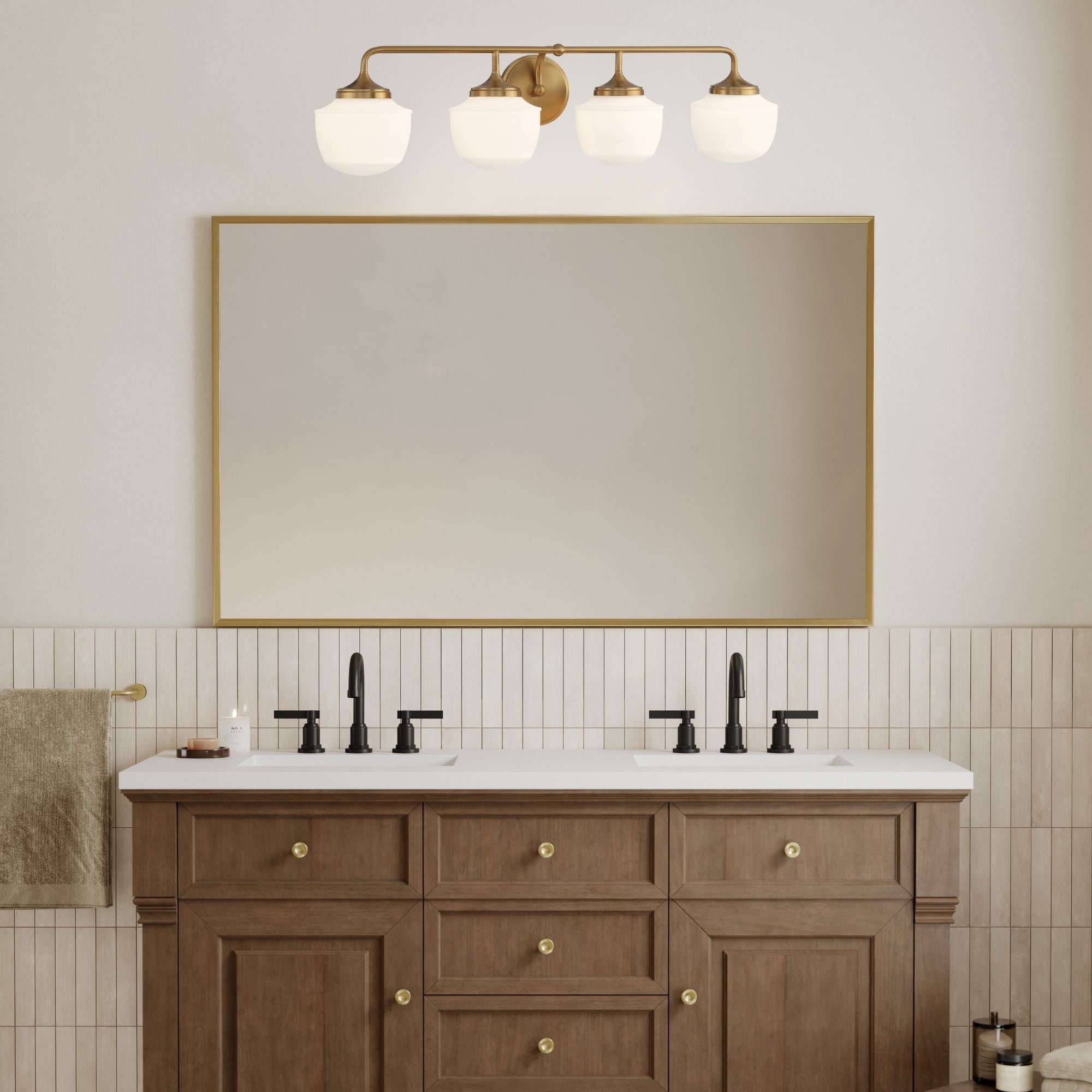 Minka-Lavery Cornwell 32 in. 4-Light Bathroom Vanity Light, Aged Brass with Etched Opal Glass