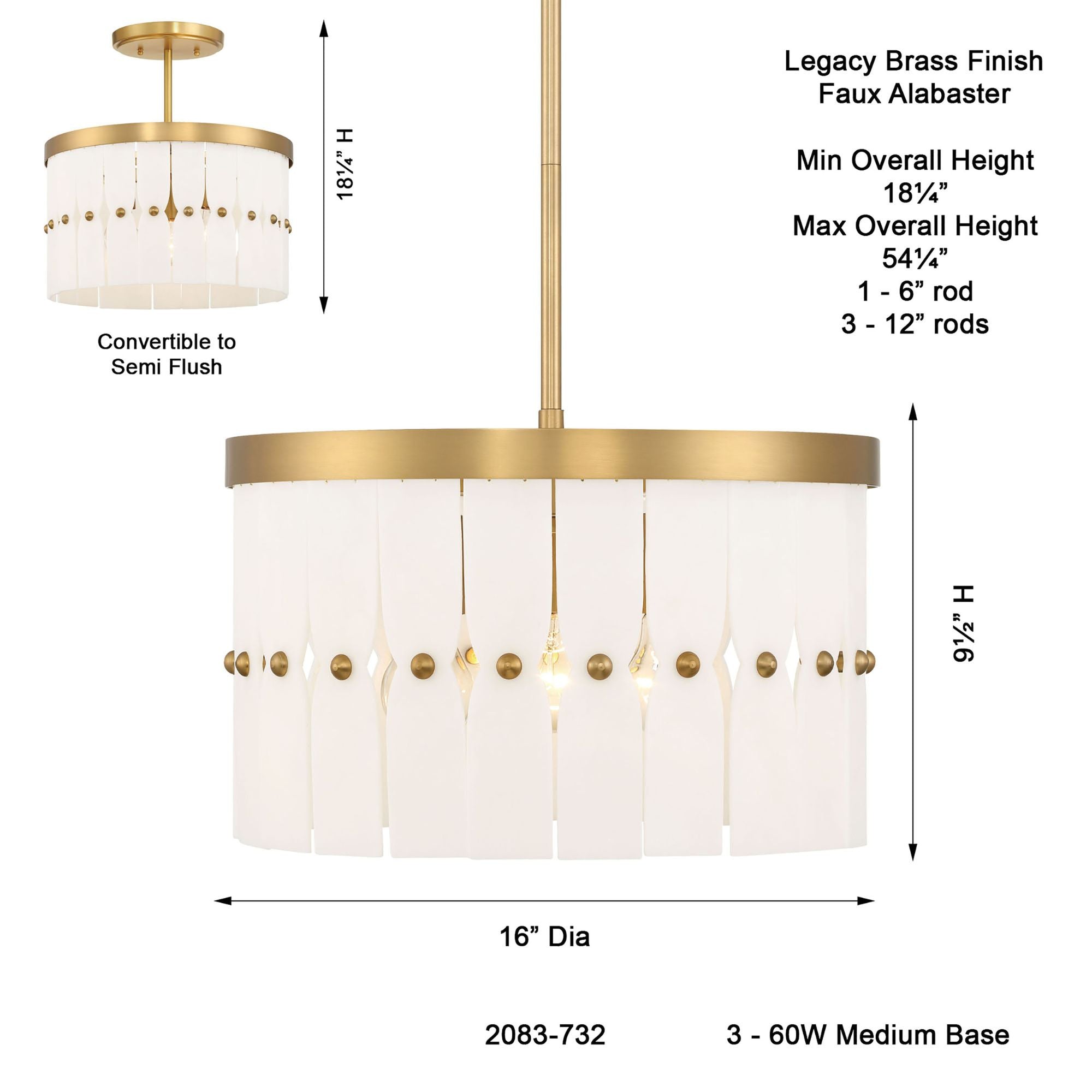 Coronelle 16" 3-Light Convertible Semi Flush/Pendant, Legacy Brass Finish