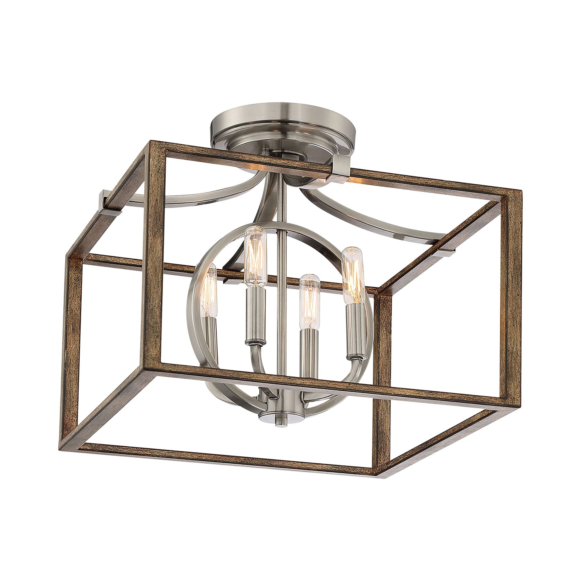 Country Estates 17" 4-Light Semi-Flush Mount, Sun Faded Wood & Brushed Nickel Finish